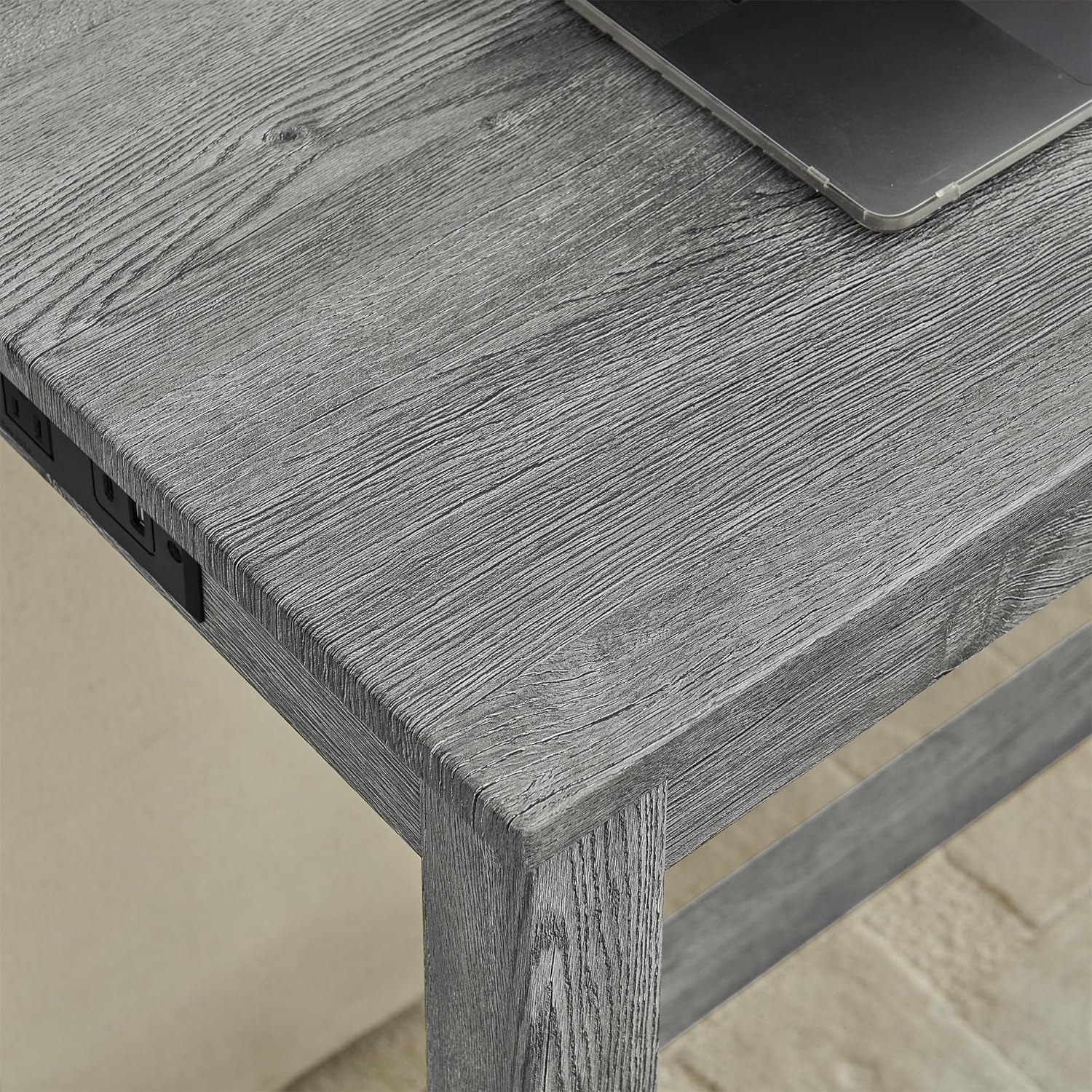 KEIKI 4-Piece Bar Table Set with Charging Station - 59" Industrial Kitchen Table & 3 Upholstered Stools, USB/Type-C/AC Outlets, Solid Wood Frame - for Dining Room, Apartment, Living Room (Grey)