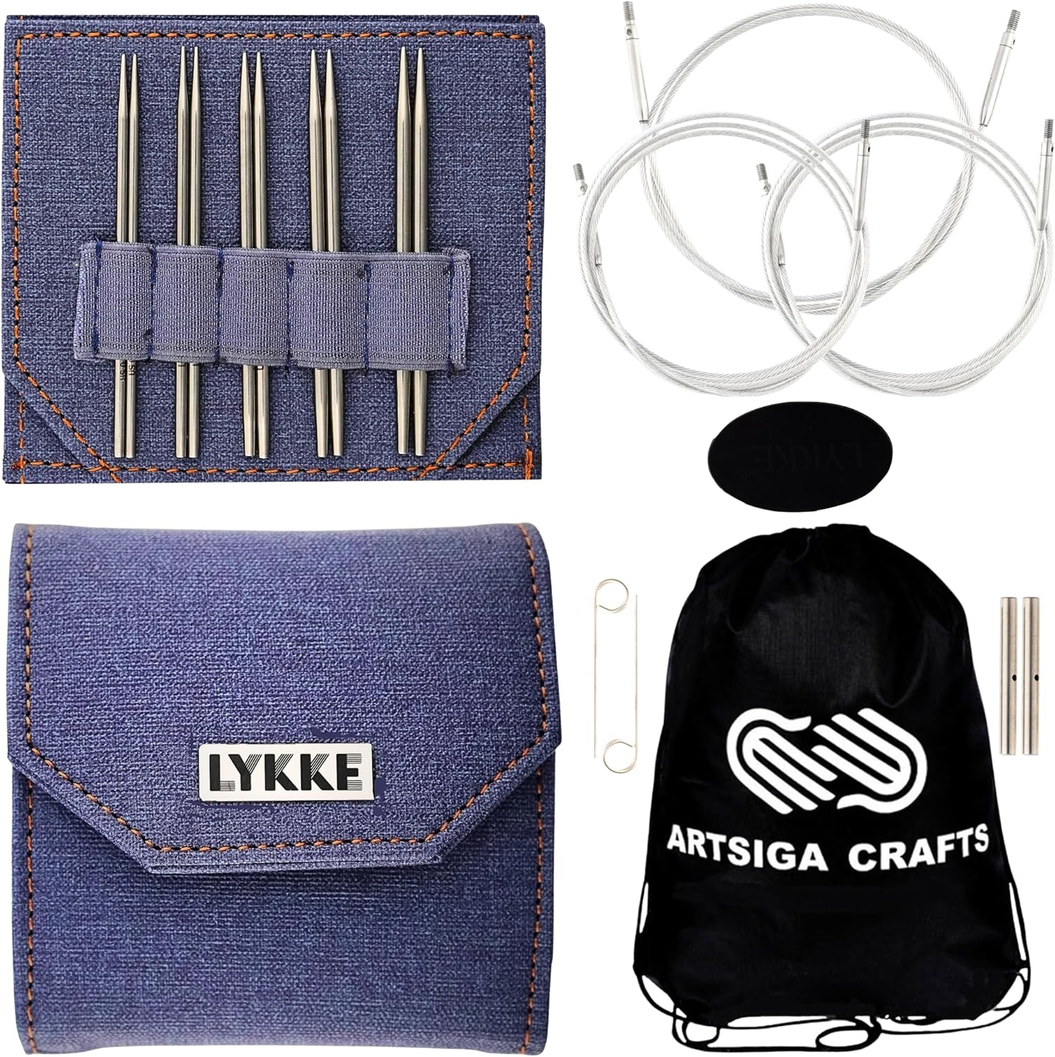 Lykke Flight 3.5 in. Mini Set US Sizes 0, 1, 1.5, 2, 2.5 Interchangeable Circular Knitting Needles for Lace, Fingering, Sock, Baby Yarn, Stainless Steel, 3 Cords, Denim Case, Project Bag