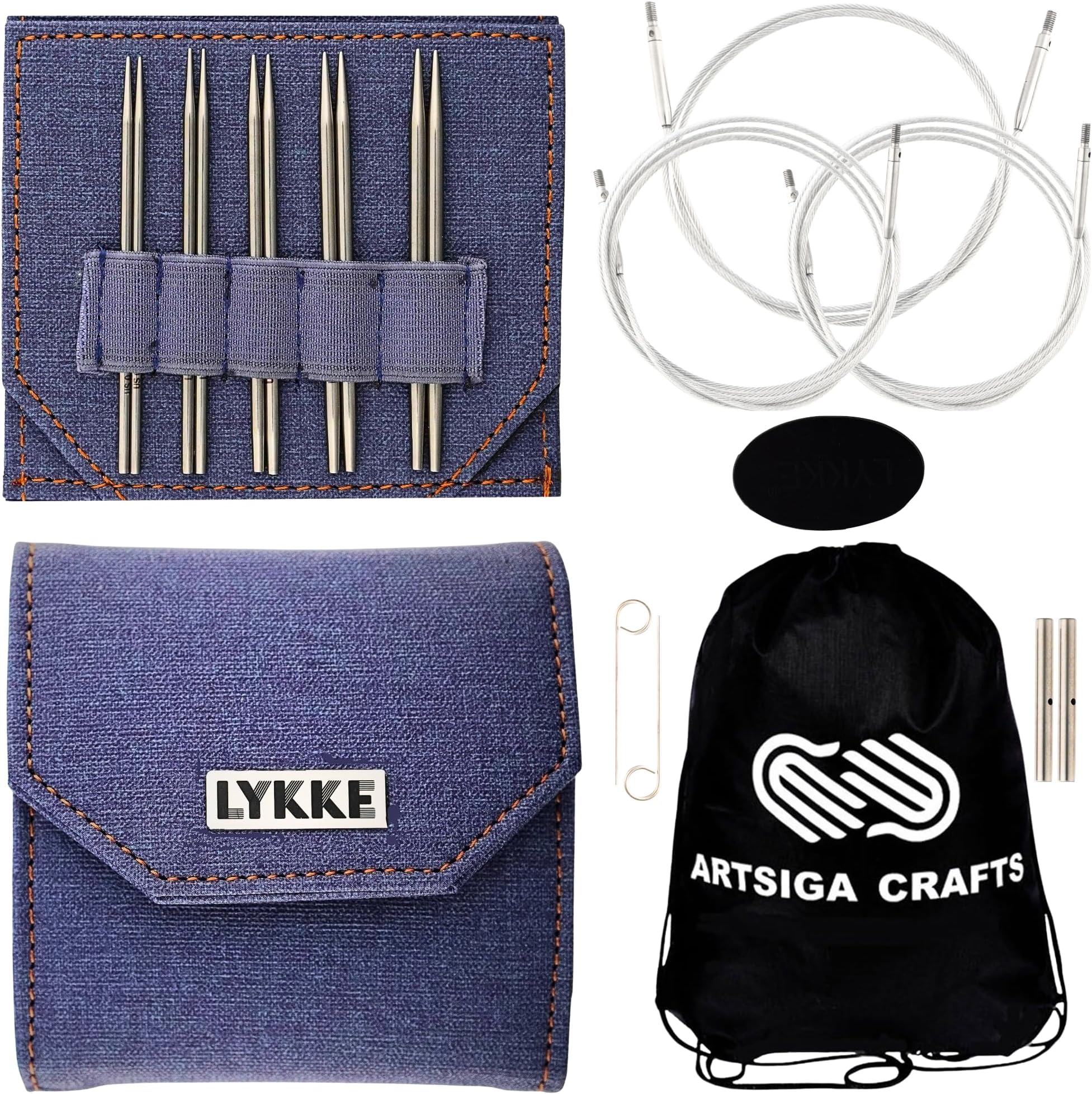 Flight 3.5 in. MINI US Sizes 0, 1, 1.5, 2, 2.5 Interchangeable Circular Knitting Needle Set for Lace, , Sock, Baby Yarn, Stainless Steel, 3 Swivel Cords, Denim Case, Project Bag