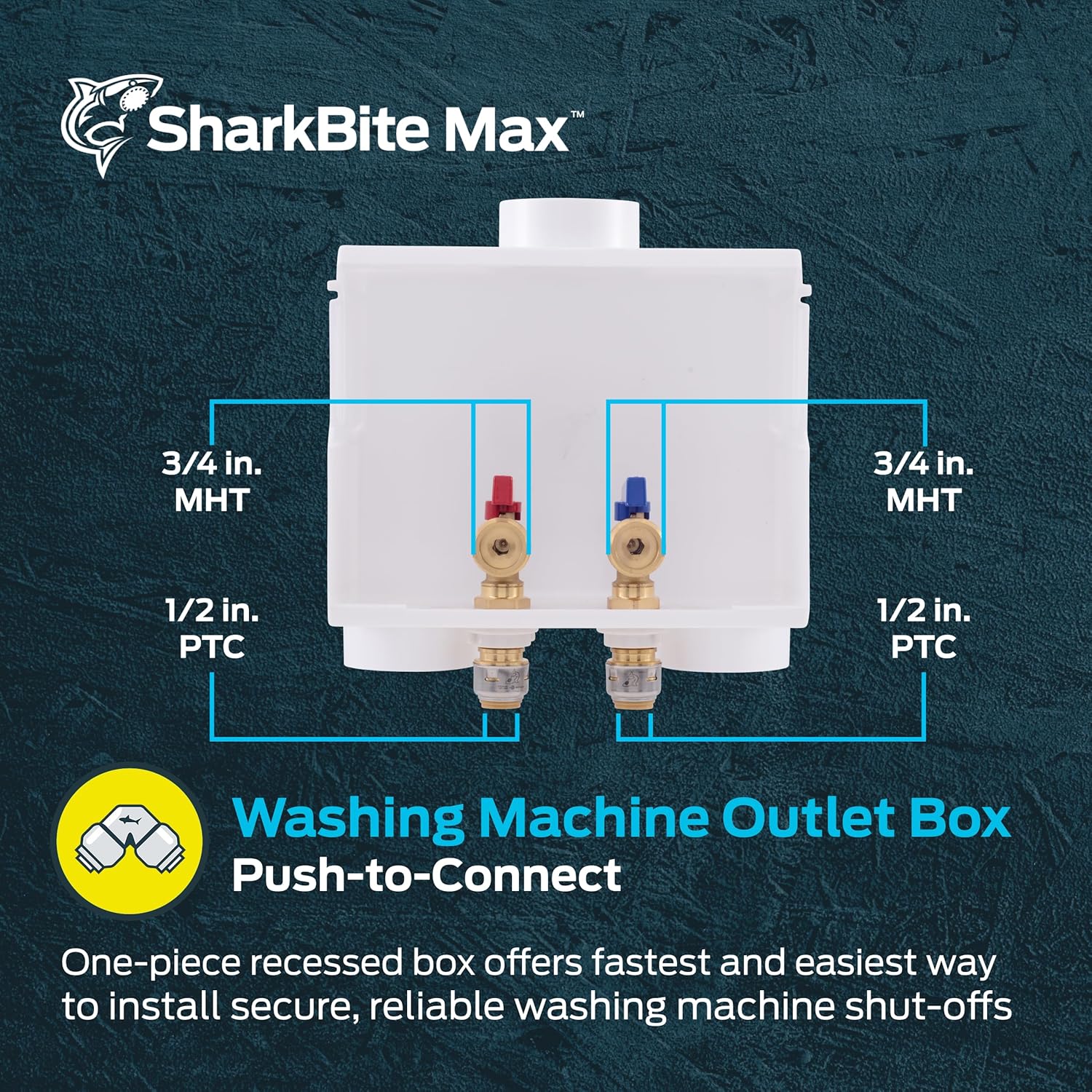 SharkBite 1/2 Inch x 3/4 Inch MHT Washing Machine Outlet Box, Push to Connect Brass Plumbing Fittings, PEX Pipe, Copper, CPVC, 24763