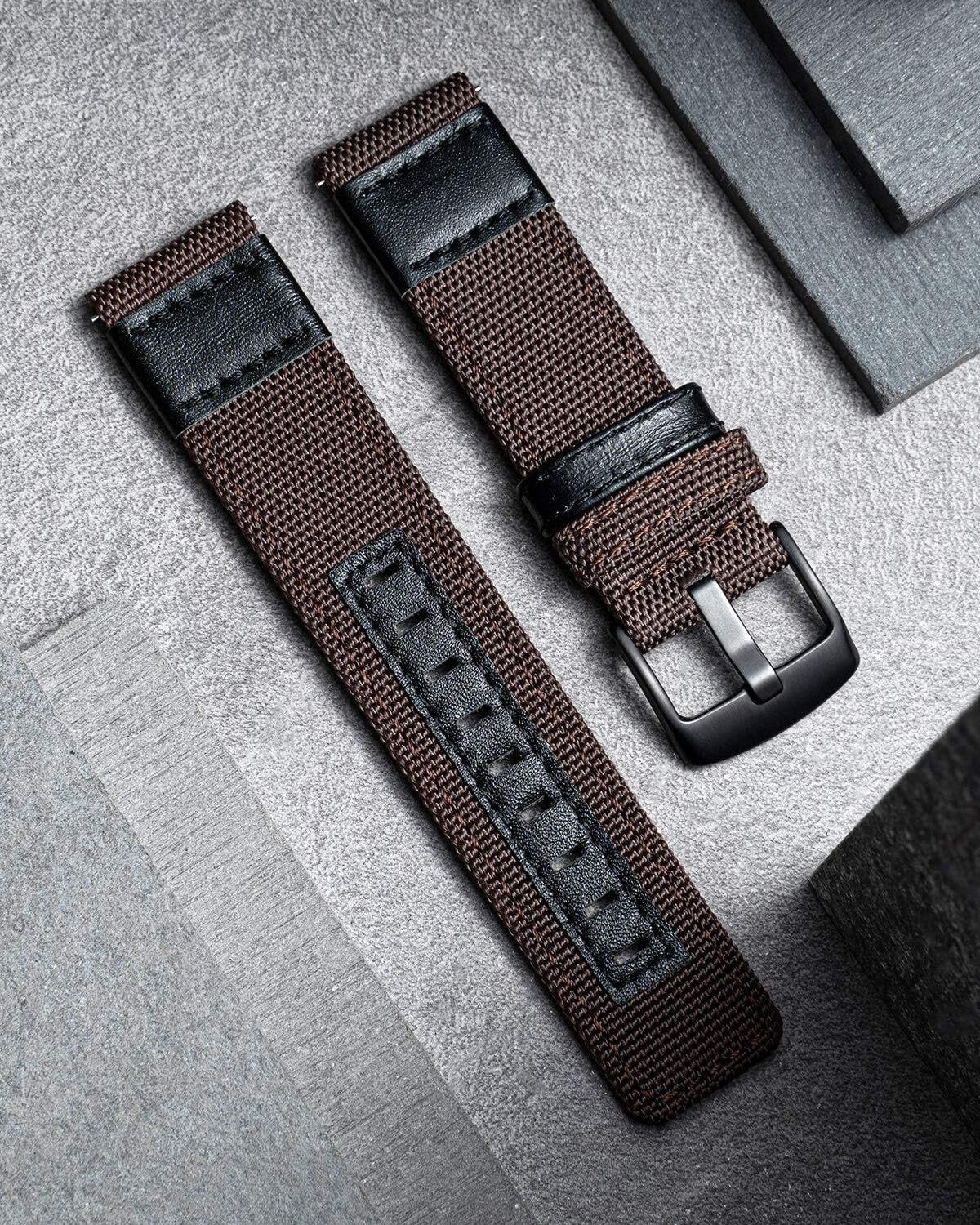 Uhrenarmbänder aus klassischem Canvas-Gewebe mit Hybrid-Armbändern aus echtem Leder. Ersatzarmband, Schwarze Schnalle, 18/20/22 mm