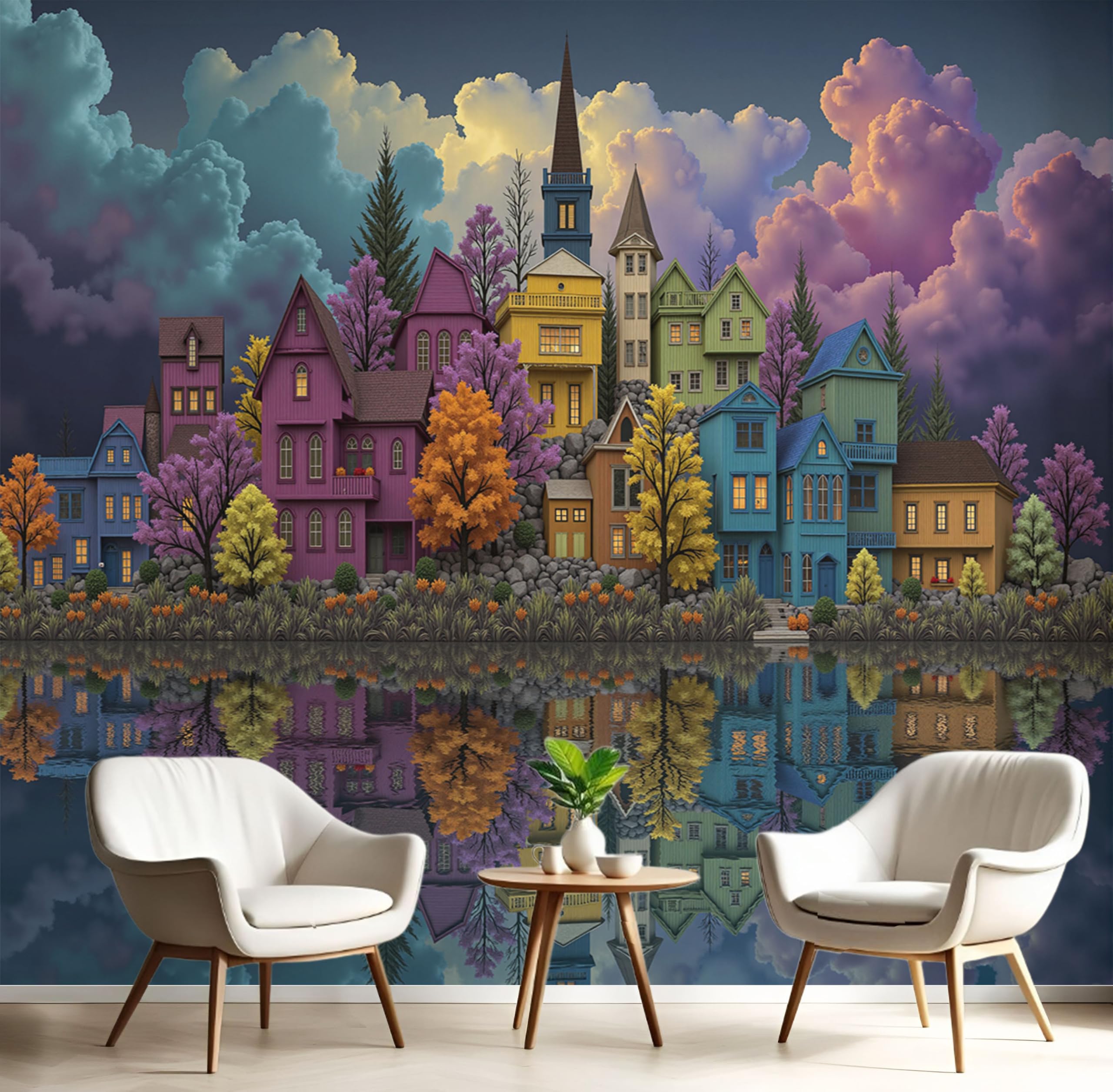 Papier peint panoramique 400x280cm pour agrandir un salon sombre avec effet 3D