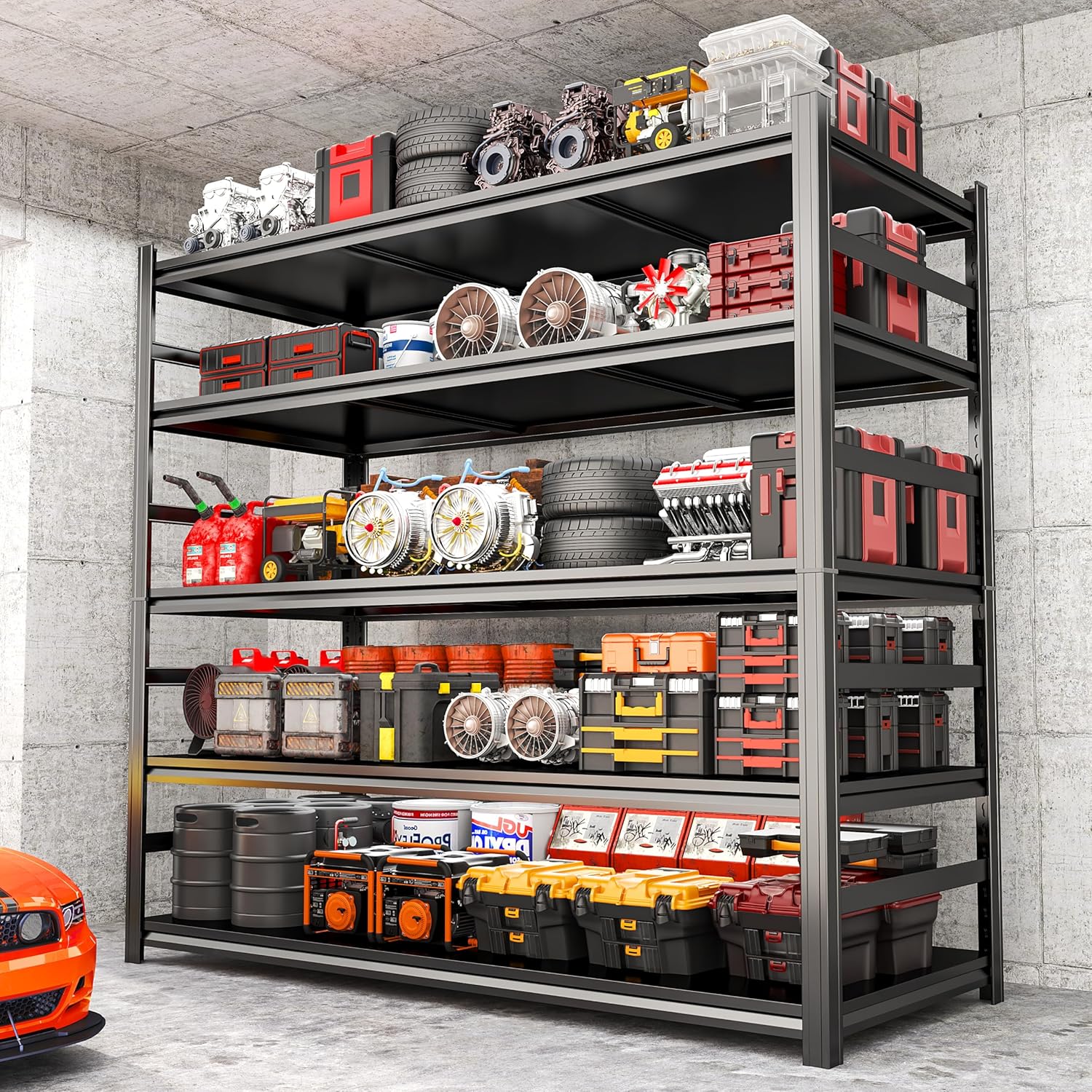 48" W Garage Shelving Heavy Duty, 5 Tier Metal Storage Shelves, 3000-lb Adjustable Shelving Unit, Upgraded Reinforced Double-Layer Columns, 78" H x 18" D Shelf for Basement Warehouse Industrial, Black
