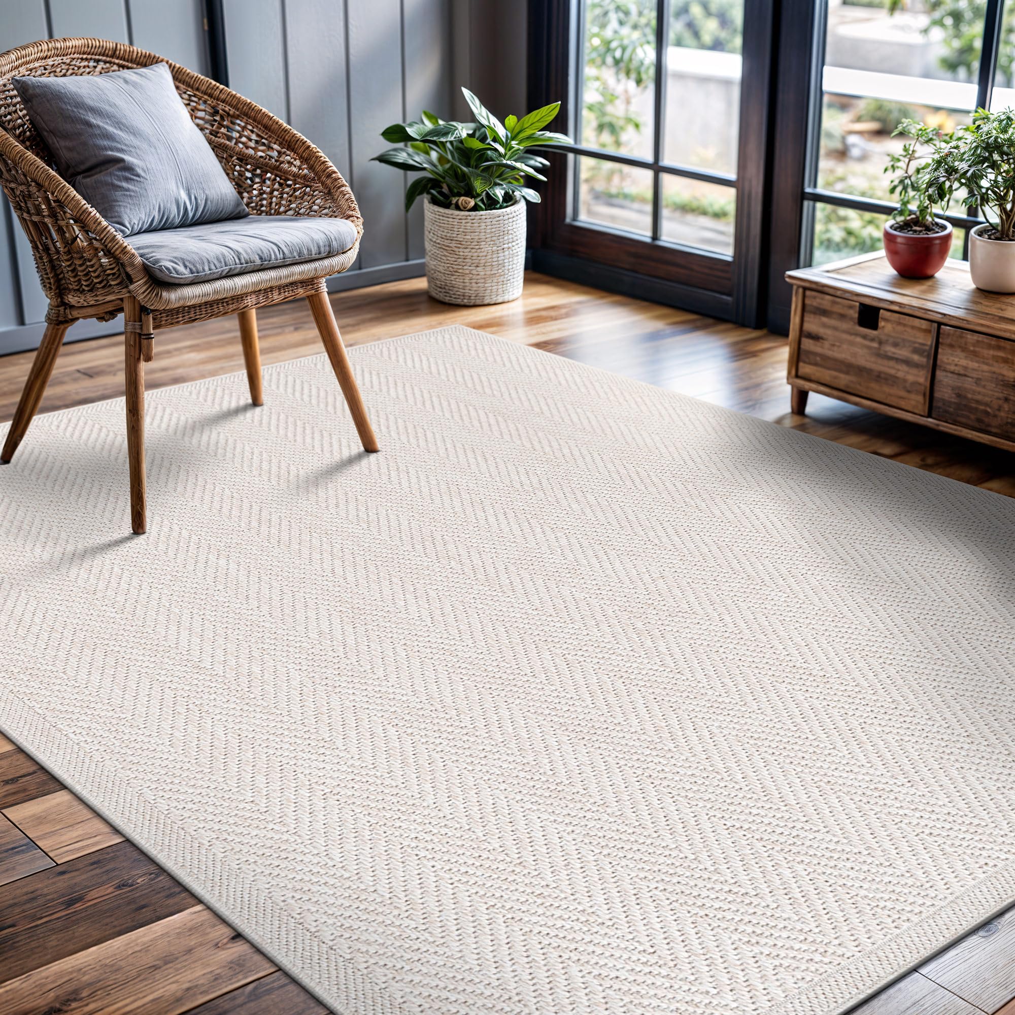 CAMILSON Easy Jute Rug 4x6, Indoor Outdoor Off-White Color Fiber Area Rugs for Living Room Patio and Kitchen Rug Herringbone Seagrass Woven Design