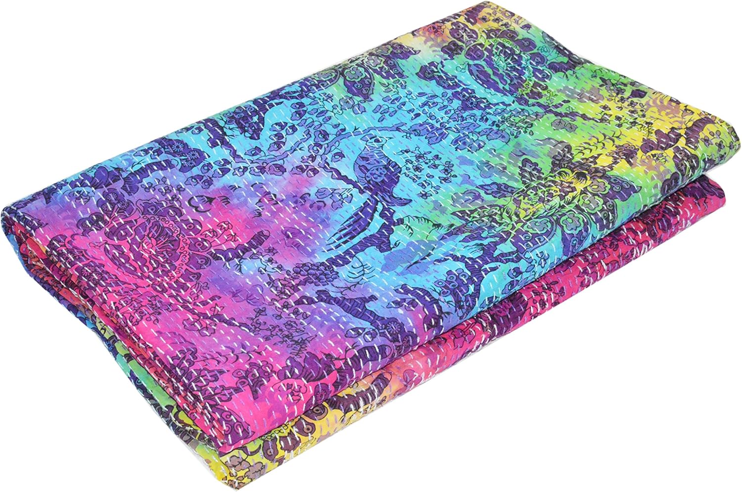 Indian Handmade Cotton Kantha Quilt Throw Blanket Bedspread (Queen Size)