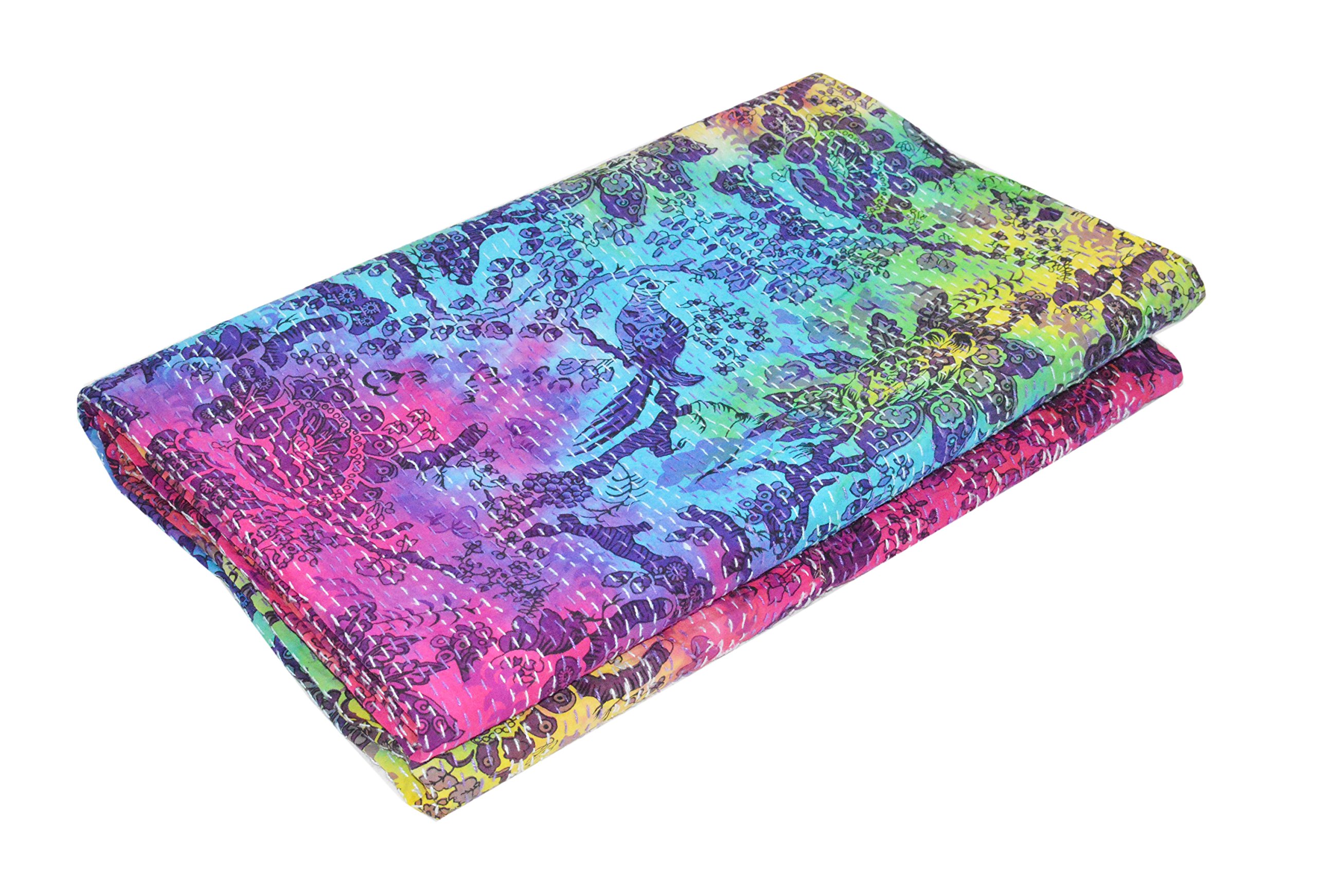 V Vedant Designs Indian Handmade Cotton Kantha Quilt Throw Blanket Bedspread (Queen Size)