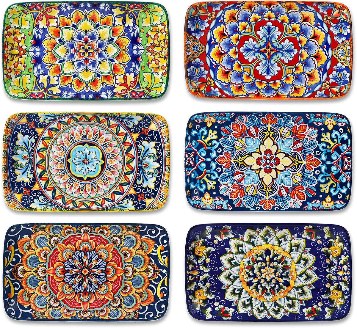 vancasso Simi Juego de platos rectangulares de cerámica de 6 piezas, platos pequeños de postre y sushi de 8,5" x 5,1", platos bohemios para servir aperitivos, platos de porcelana aptos para microondas y horno