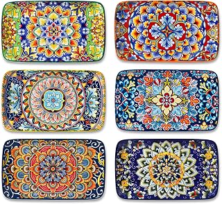 vancasso Simi 6-Piece Boho Ceramic Rectangular Salad Plates 8.5 Inch - Sushi Appetizer Dessert Plates, Microwave Oven Dishwasher Safe Porcelain Set