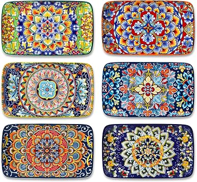 vancasso Simi 6-Piece Rectangular Ceramic Plates Set, 8.5" x 5.1" Small Dessert & Sushi Plates, Bohemian Appetizer Serving Plates, Microwave & Oven Safe Porcelain Plates