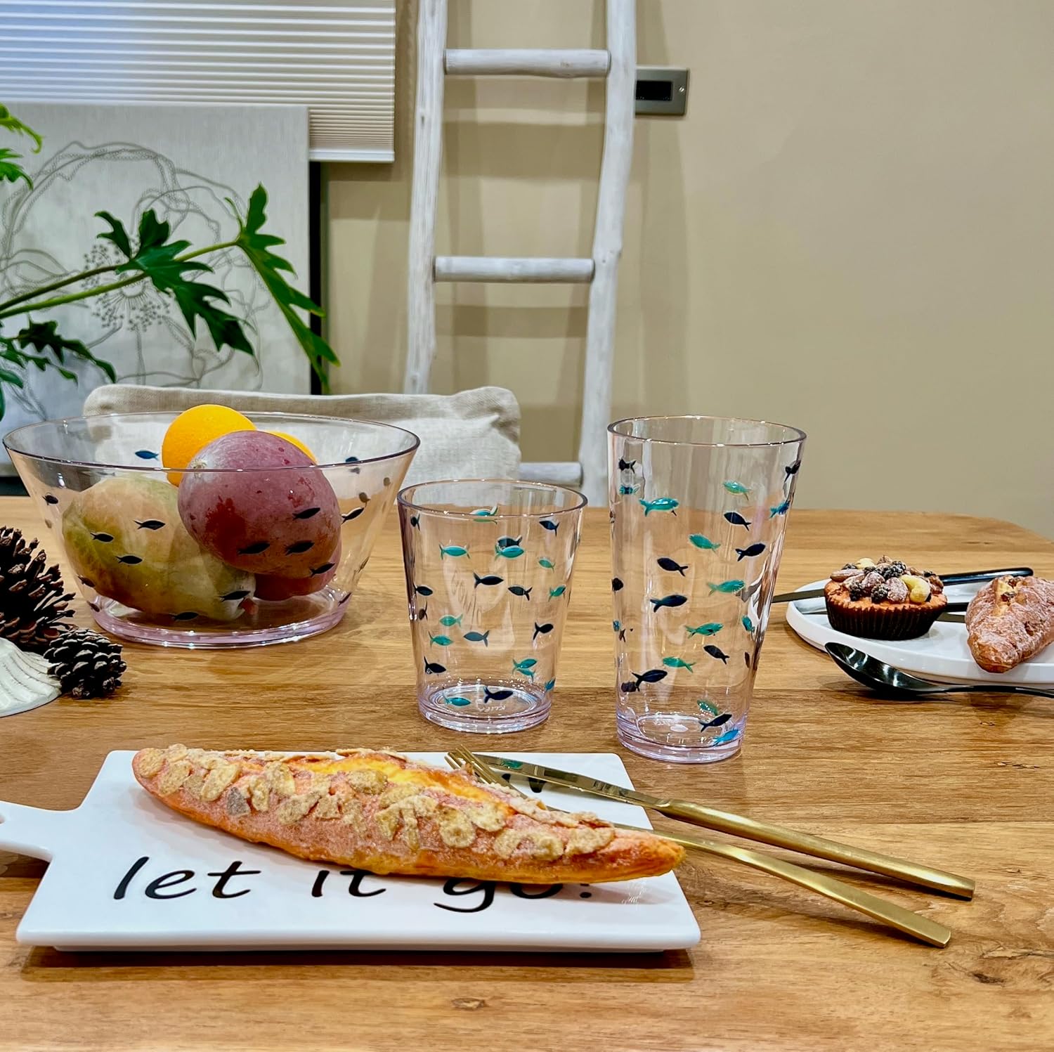 KLIFA- CHARLESTON- 16.5 & 19 oz, Set of 8, Acrylic Fishing Highball, School of Fish Drinking Glasses, BPA-Free, Stackable Plastic Drinkware, Dishwasher Safe Cups, Dark and Light Blue Printing