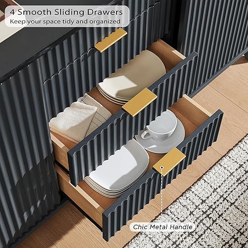 Miniatura 6 de T4TREAM Gabinete de buffet estriado, aparador moderno de 60 pulgadas con puertas correderas y 4 cajones, mesa de café con almacenamiento, parte