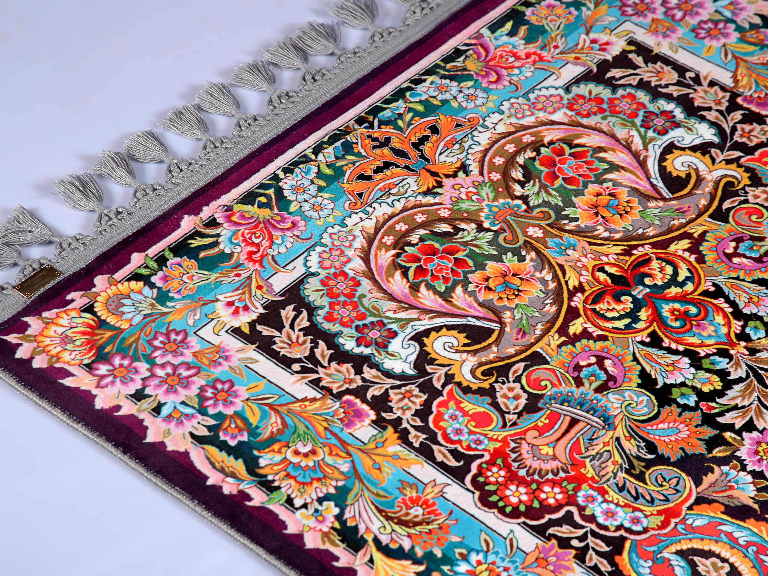 ALLMODE Tapis de prière turc - Motif floral - Motif traditionnel turc - Pompons gris - Multicolore