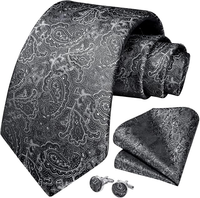 HISDERN Ties For Men Paisley Stripe Tie and Handkerchief Cufflink Sets Men's Necktie Pocket Square Sets For Formal Wedding Business