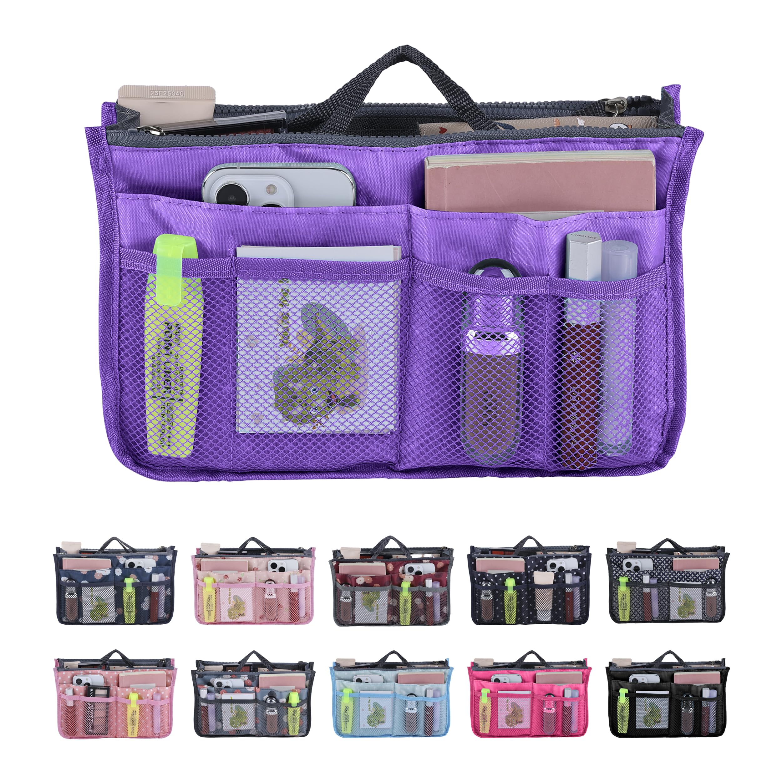Jj Prime Purple - Multi-Compartment Handbag Insert | Expandable Liner Bag Pouch Zipper Closure | Tote Bag Organiser Insert With 13 Pockets And Handle For Easy Lifting (Travel, Cosmetics, Toiletries),