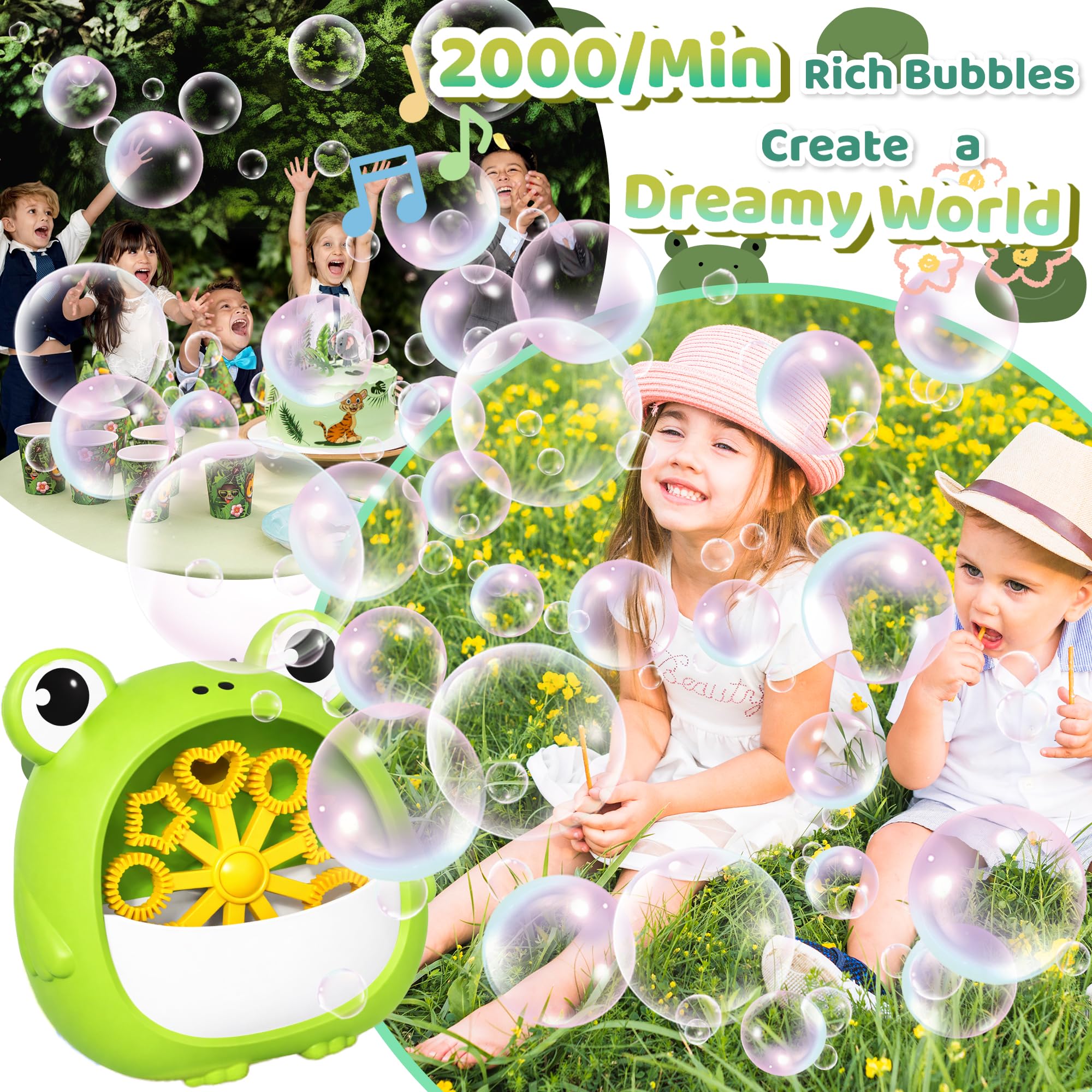 Chennyfun Máquina de Burbujas Rana para Niño, Juguete Portátil y Automática Hacer Burbujas 2000+/Min, Máquina de Soplado Burbujas con Solucione, Interior Exteriores Boda Fiesta Regalo Cumpleaño Juegos
