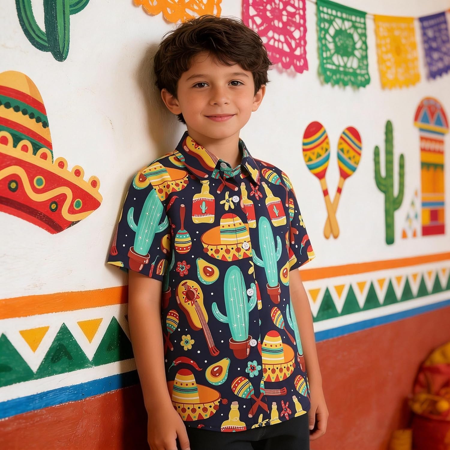 Boys Mexican Button Down Shirt Kids Cinco De Mayo T Shirt Summer Hawaiian Short Sleeve Tops