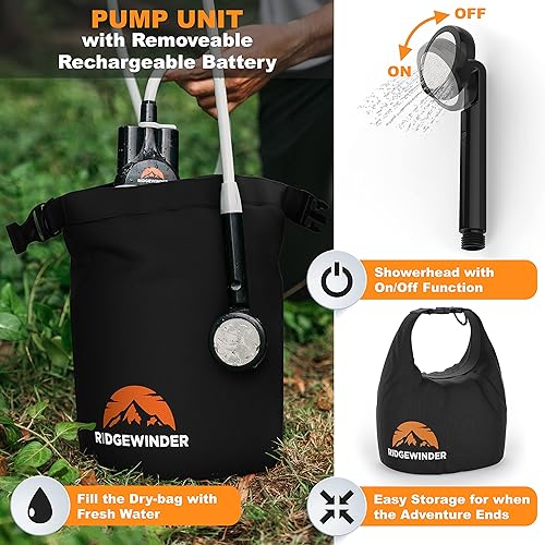 Miniatura 2 de Ducha portátil para acampar con bolsa seca - Ducha de campamento con batería recargable y bolsa seca incluida de 10L para almacenamiento de agua.