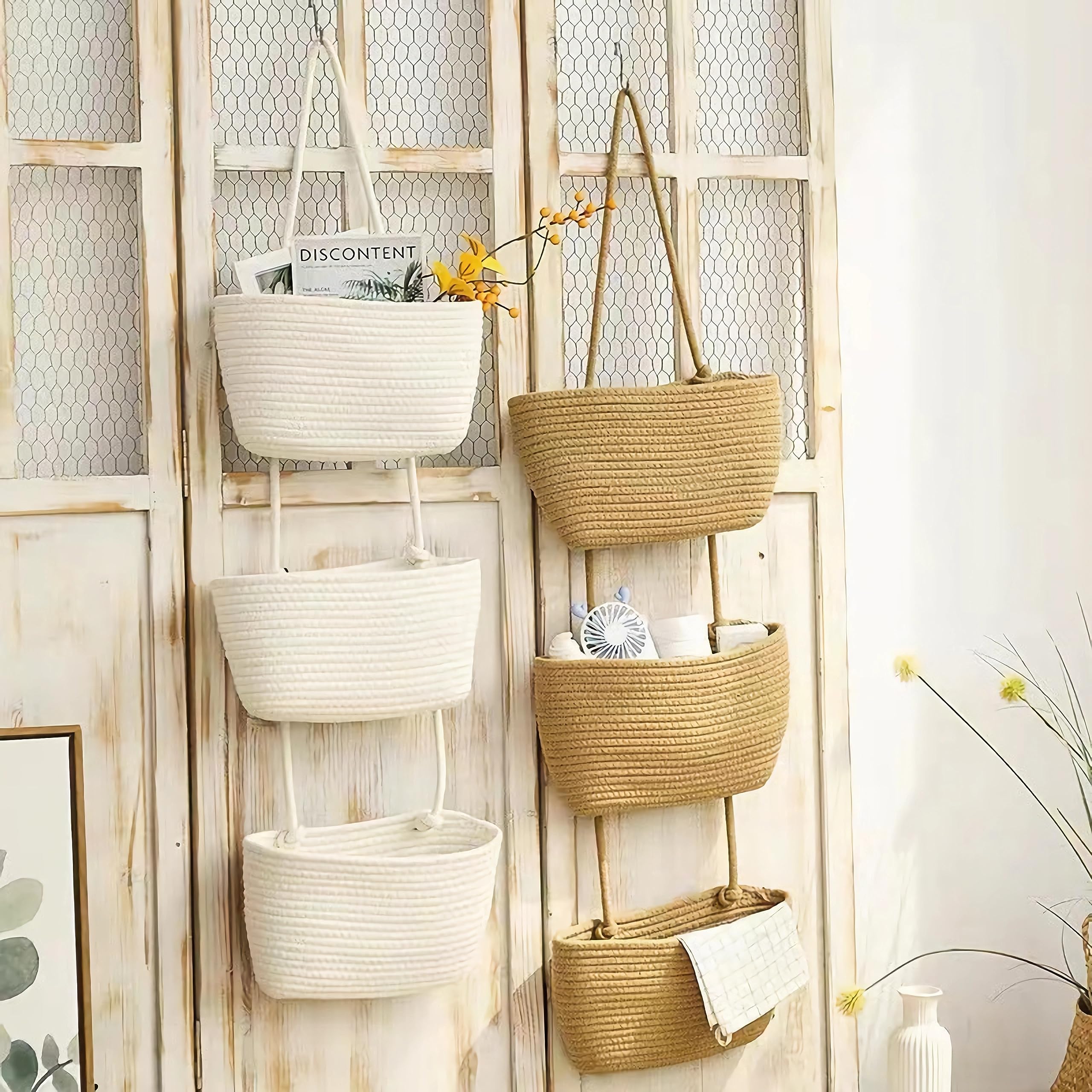 AARAINBOW Cestas de algodón para colgar en la pared, cestas decorativas grandes de 3 niveles para pared, guardería, baño (B-marrón)