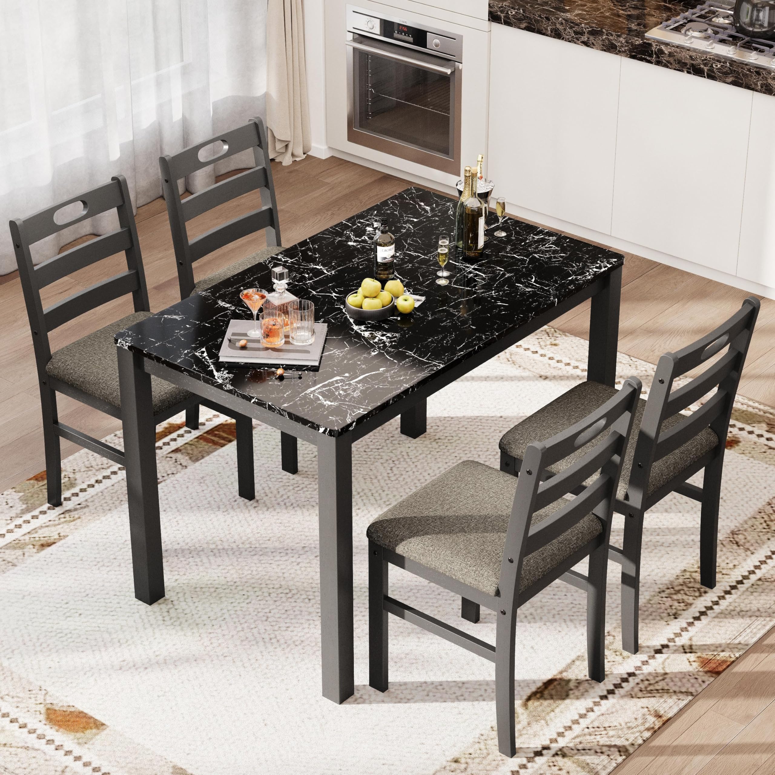 - PHI VILLA 5 Piece Dining Table Set for 4, Marble Design Kitchen Table Chairs Set of 4, Solid Wood Space-Saving Dining Room Table Set for Apartment, Veined Black Marble& Gray