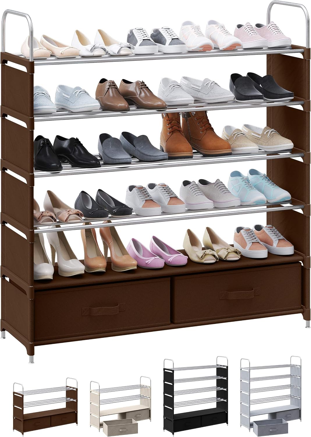 6 Tier Shoe Rack With 2 Storage Bins | Stackable, Metal, Closet Shoe Organizer | Shoe Shelf Cabinet | Organizador De Zapatos | Shoe Rack For Closets, Entryway, Living Room And Bedroom (Brown)