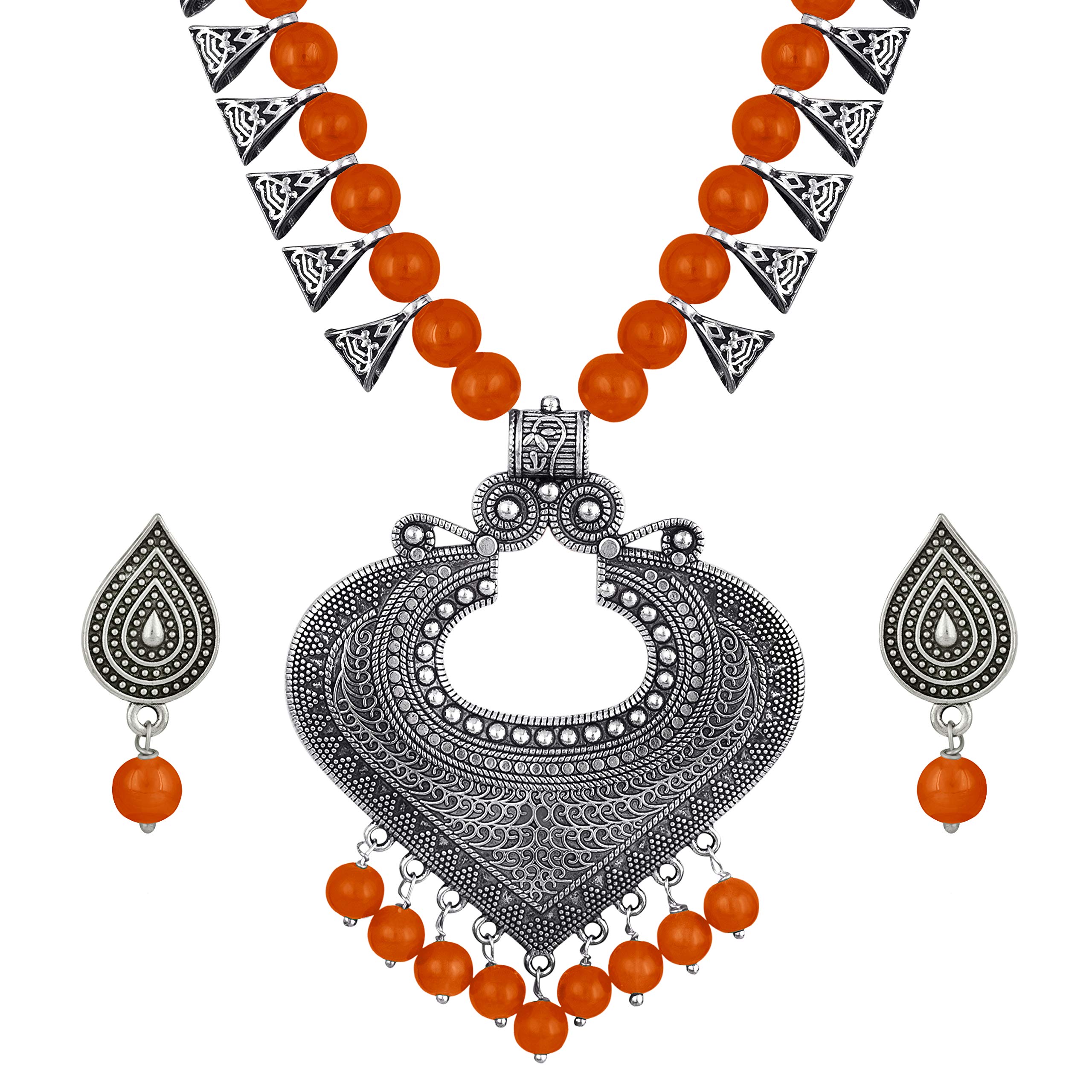 JFL - Jewellery for Less Handcrafted Antique Design German Silver Oxidized and Beaded Necklace Set with Adjustable Thread (Orange) (B0DG5RPYXD) Amazon Price History, Amazon Price Tracker