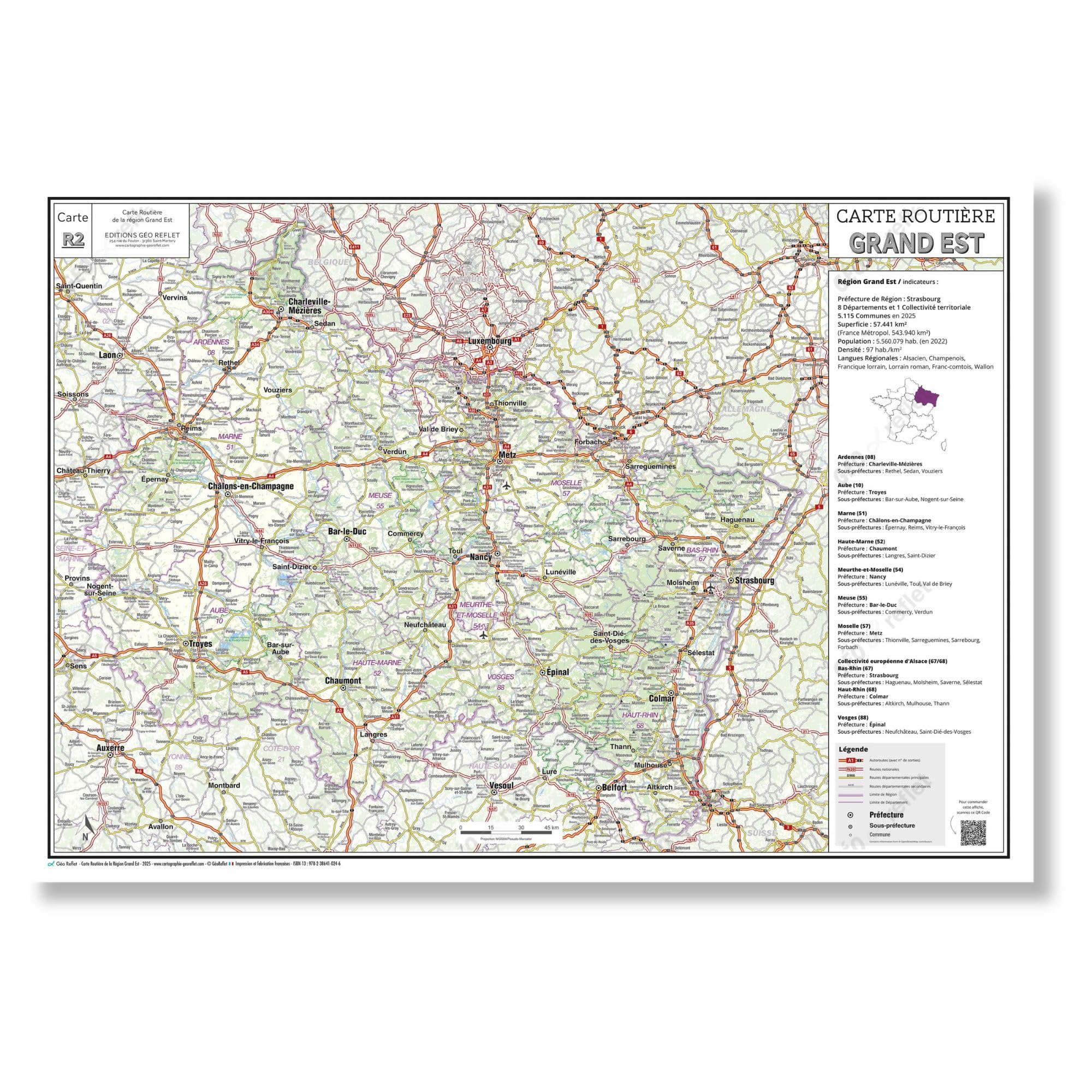 Carte routière de la région Grand Est - Poster plastifié 100x70 cm - Édition 2026