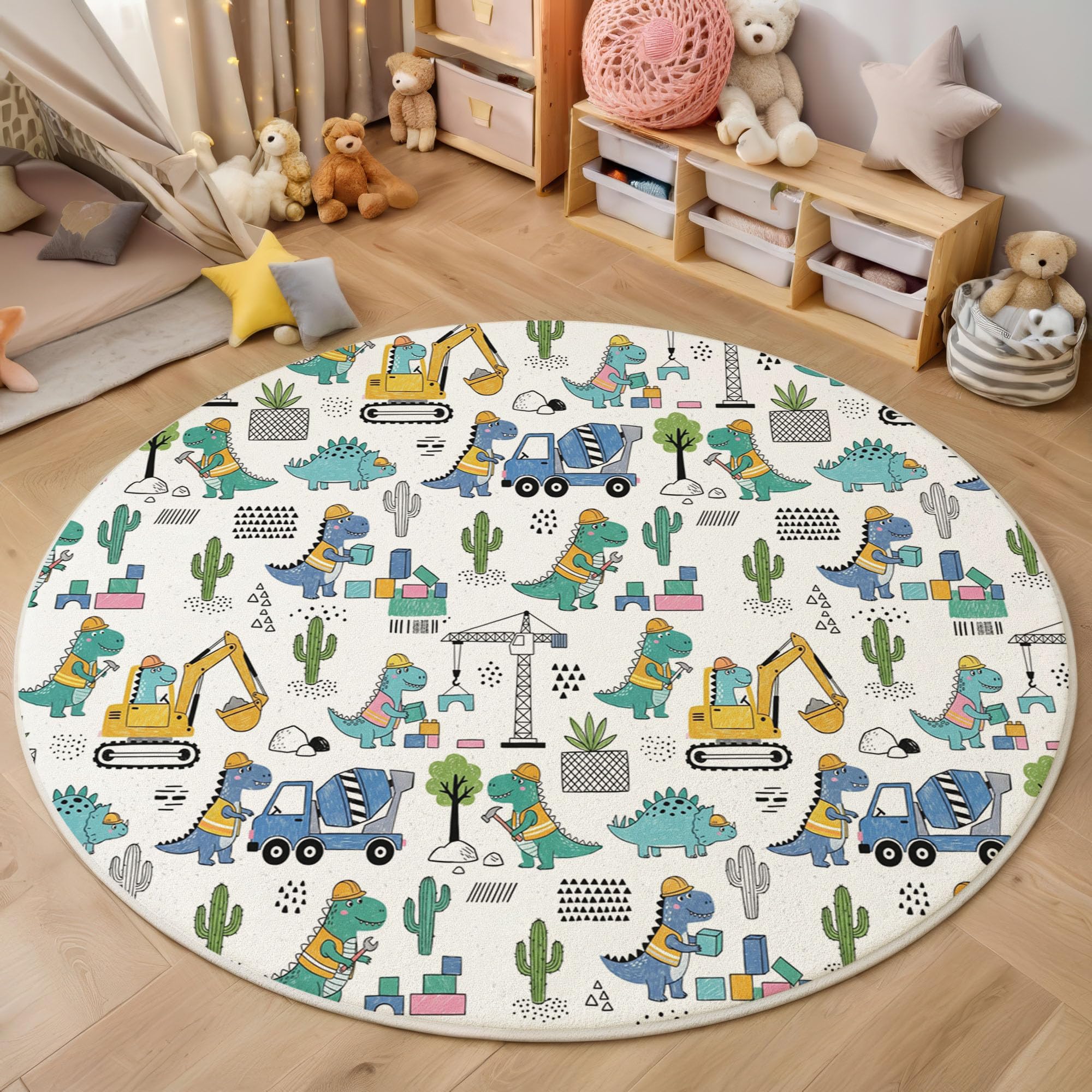 Tappeto Rotondo Bambini Dinosauro Cartoni Animati Tappeto a Pelo Corto Veicolo Ingegneristico Tyrannosaurus Rex Antiscivolo, Lavabile per Salotto, Cameretta dei Bambini, Dimensione: 120cm, Blu-Verde