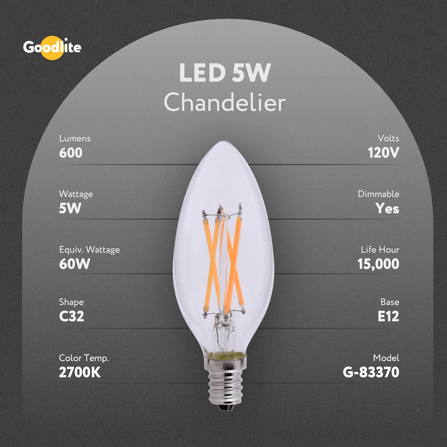 Goodlite C32 LED Chandelier Bulb, Torpedo Tip, 5W (60W Equal), Dimmable, 600 Lumens, Soft White 2700K, 15k Hours, Eco-Friendly, Ideal for Candelabra & Decorative Lighting, E12 Base, 1ct. (G-83370)