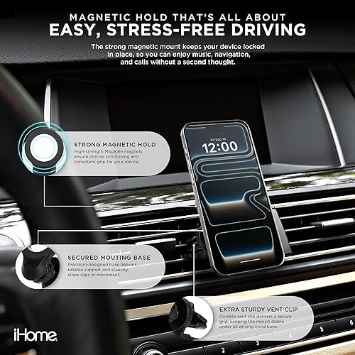 Miniatura 2 de iHome Soporte magnético para ventilación de aire, rotación de 360, fuerte sujeción magnética, compatible con MagSafe
