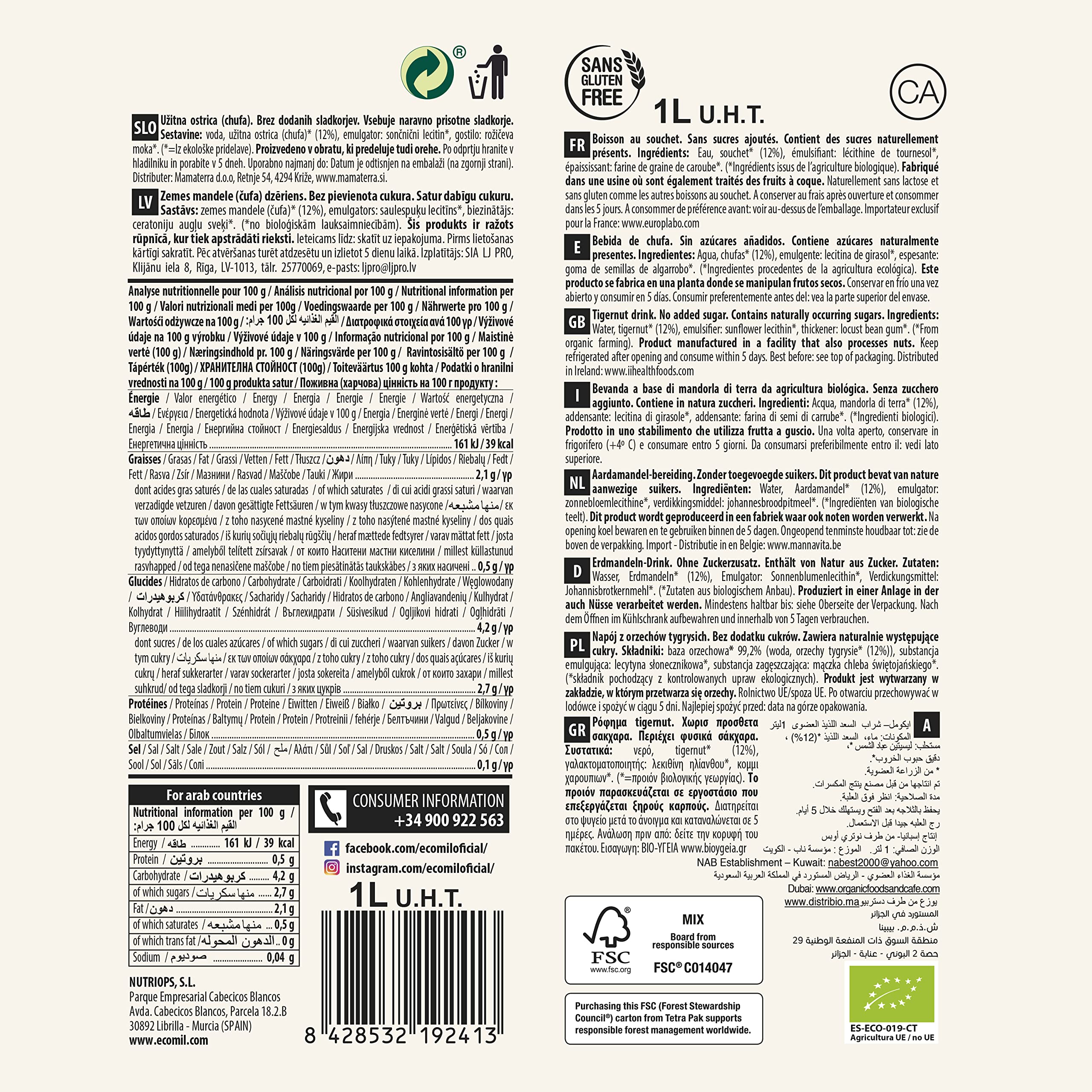 Ecomil - Bebida Vegetal de Chufa BIO, Sin Azúcares Añadidos, Vegano, Sin Lactosa, Sin Gluten - Pack 6 unidades de 1L