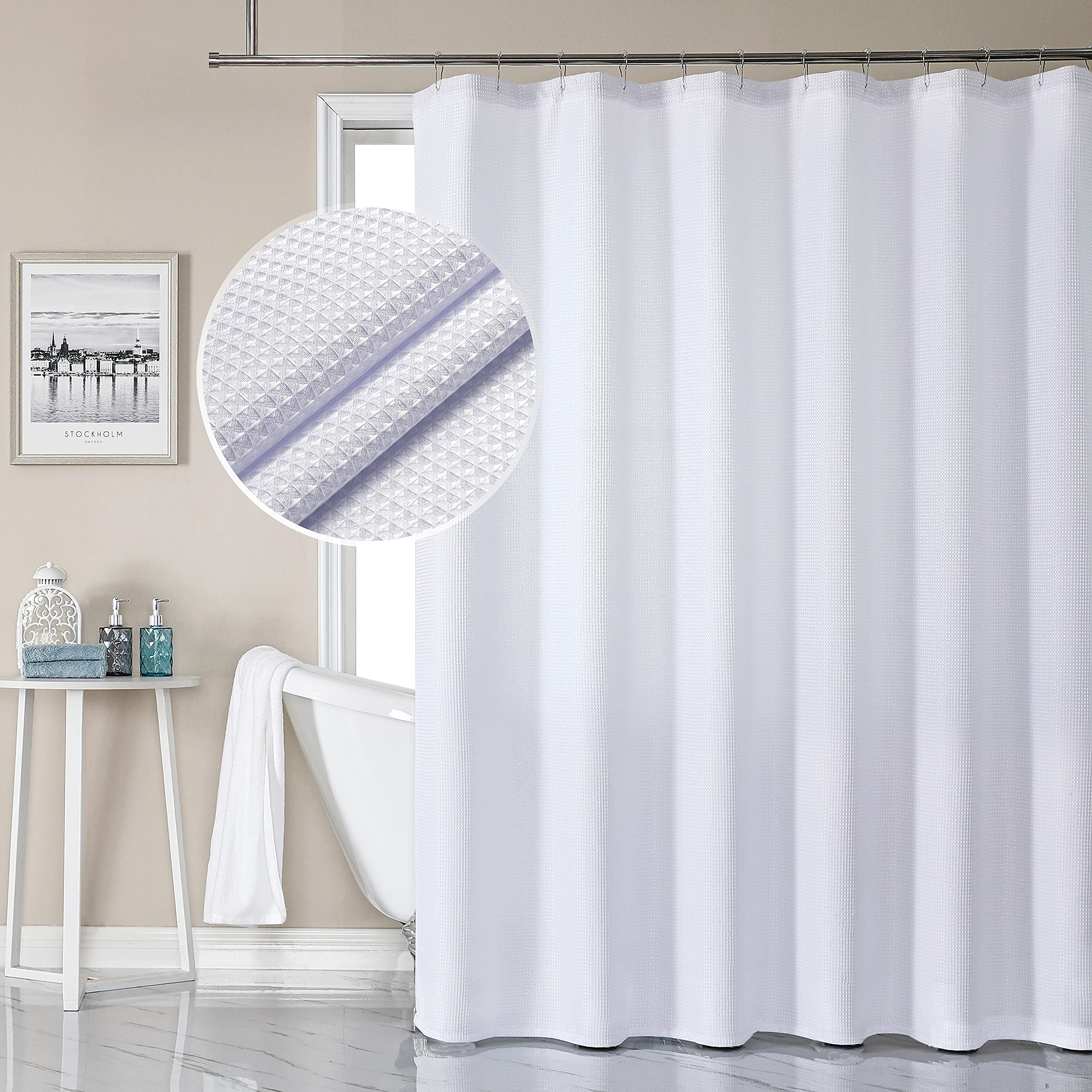 SOFTOWN Waffle Weave Shower Curtains for Bathroom, Waterproof Fabric Shower Curtains - Total Privacy Washable Shower and Bath Curtain with 12 Hooks, 72 x 72 Inches, White