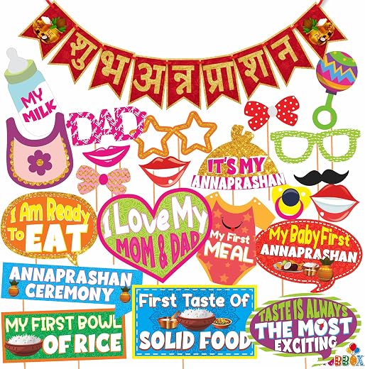 WOBBOX Annaprashan Photo Booth Party Props with Bunting Banner Hindi Shubh Red &amp; Golden Color Font, Decoration Item