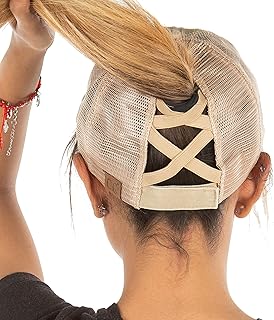 Funky Junque Criss Cross Hat Womens Baseball Cap Distressed Ponytail Messy Bun Trucker Ponycap, Beige Mesh - Khaki (Distressed), One Size