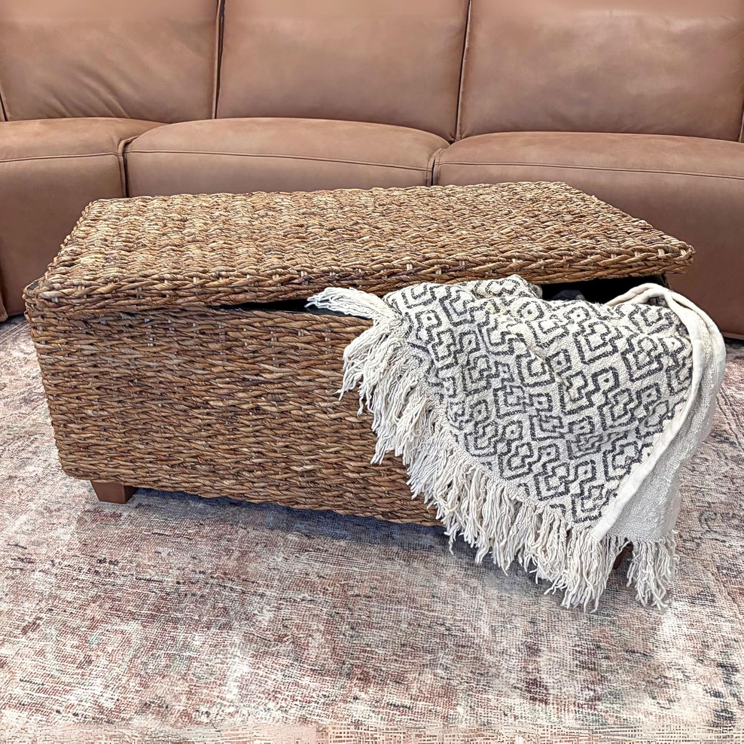 East at Main Woven Rattan Storage Coastal Coffee Table - Handwoven Natural Brown Rattan, Hidden Storage, Solid Wood Frame, 37x20x18 Inches (Natural)