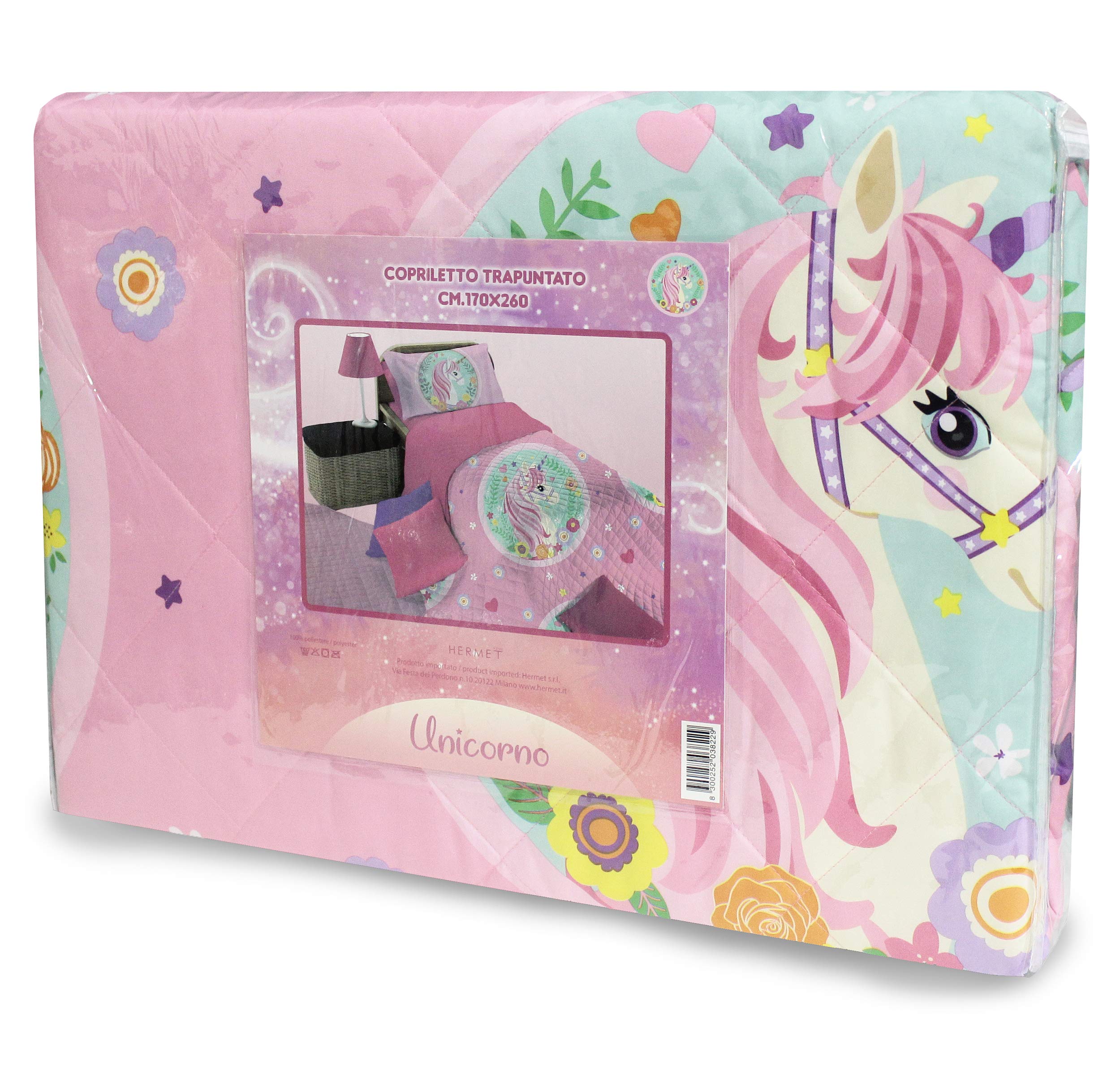 hermet Unicorno Copriletto Trapuntato Letto Singolo Una Piazza, Trapuntino Primaverile 170 x 260 cm