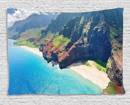 Miniatura 151 de Ambesonne Tapiz hawaiano, Costa Na Pali en la isla de Kauai en Hawái, día soleado, horizonte de montaña, colgante de pared para dormitorio, sala