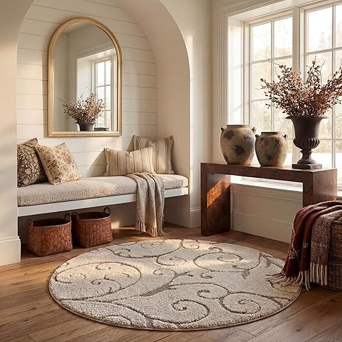 SAFAVIEH Florida Shag Collection Area Rug - 5' Round, Cream & Beige, Scroll Design, Non-Shedding & Easy to Clean, High-Low Plush Pile, Ideal for Living Room, Bedroom, Dining Space (SG455-1113)