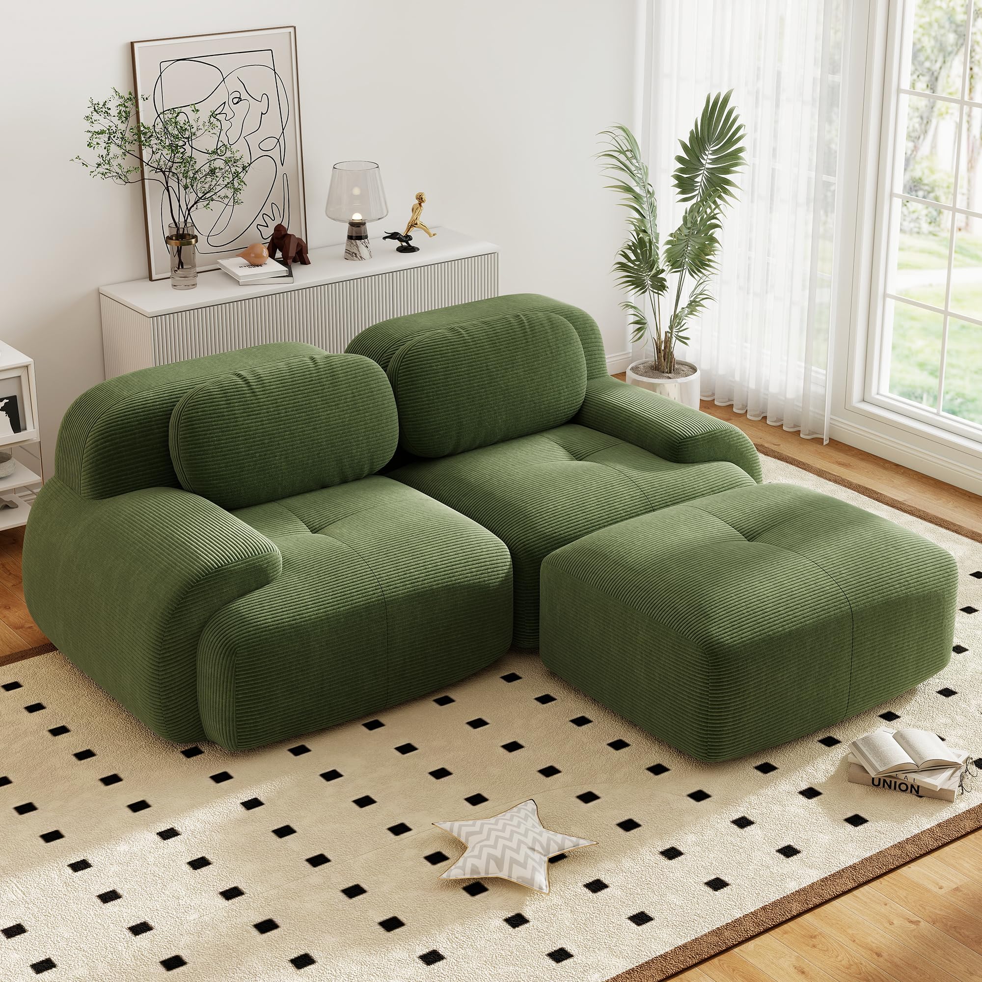 Canapé d'angle convertible moderne de 208 cm avec pouf, canapé modulaire en velours côtelé en forme de L, canapé compressé 2 à 4 places pour salon, assise extra profonde, aucun assemblage requis