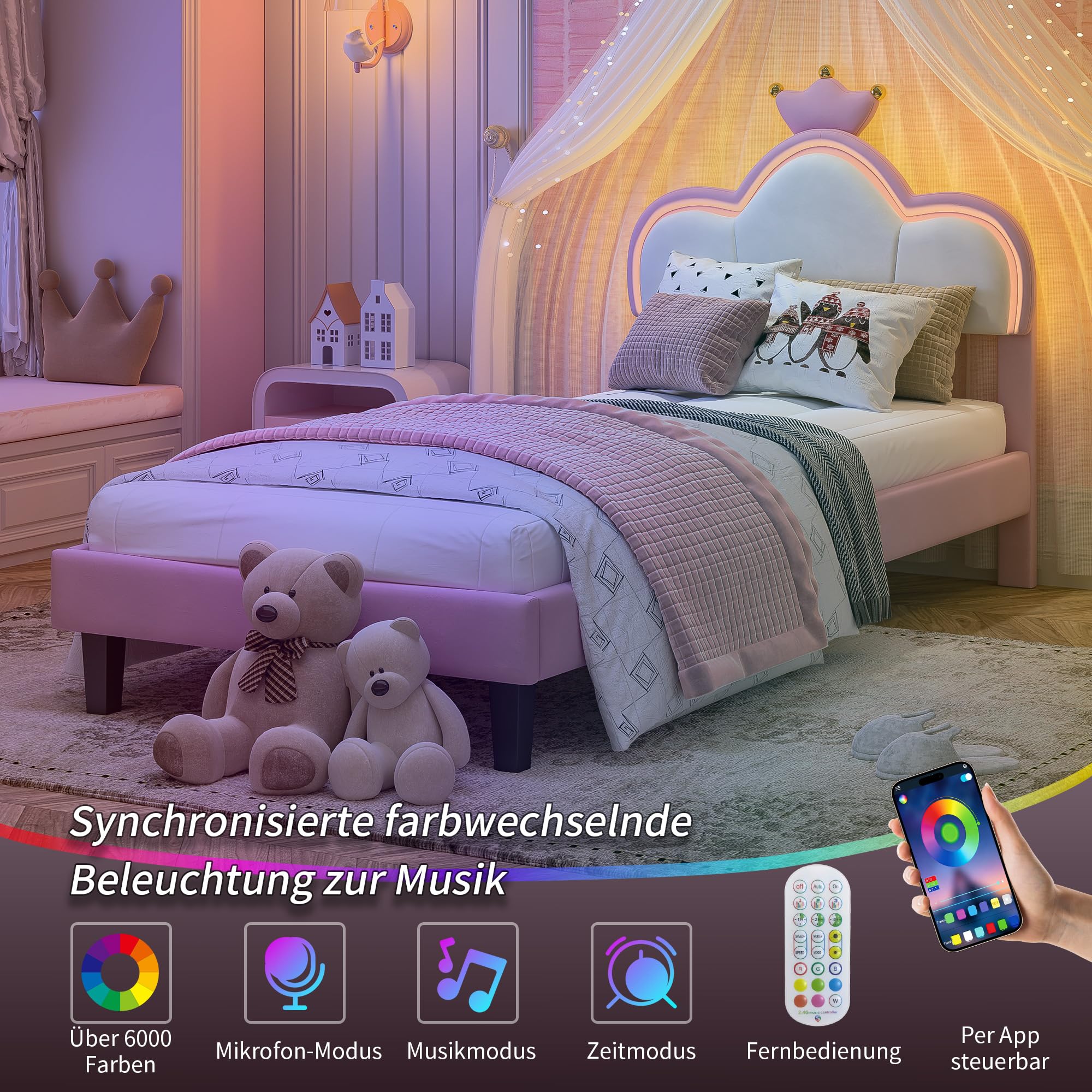 Letto singolo imbottito 90x200 cm per bambini, letto per bambine con illuminazione a LED e controllo tramite app, letto per bambini dal design a corona, testiera regolabile in altezza