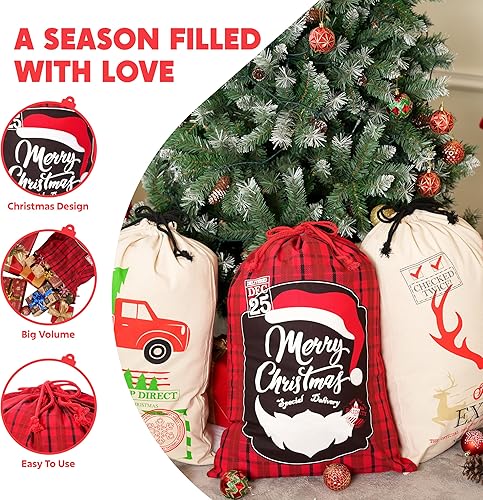 Miniatura 3 de JOYIN 3 bolsas de arpillera de Papá Noel de Navidad de 26 x 19 pulgadas, bolsa de regalo de lona grande con cordón reutilizable personalizada bolsa
