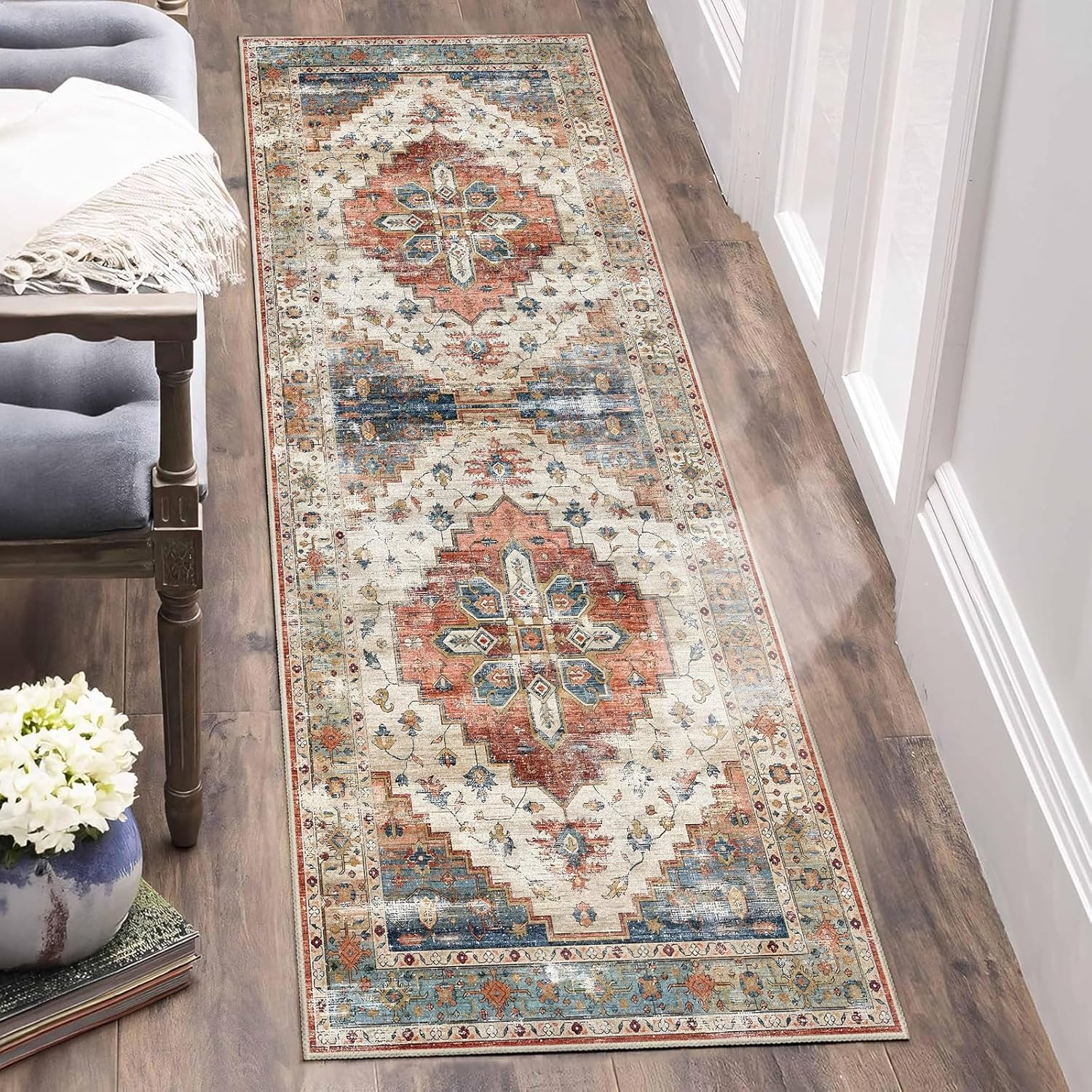 Enkor Runner Rugs for Hallway, 2x6 Washable Soft Non Slip Floor Rugs for Kitchen, Modern Mat for Living Room Bedroom Entryway Beige & Red