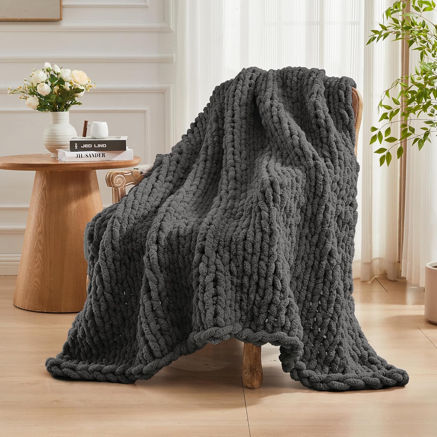 Carriediosa Chunky Knit Throw Blanket 50" X 60", 100% Hand Made Large Chenille Loop Yarn Soft Fluffy Throws for Couch Sofa Bed, Big Crochet Cozy Heavy Thick Cable Woven Blankets, Dark Grey - Image 8