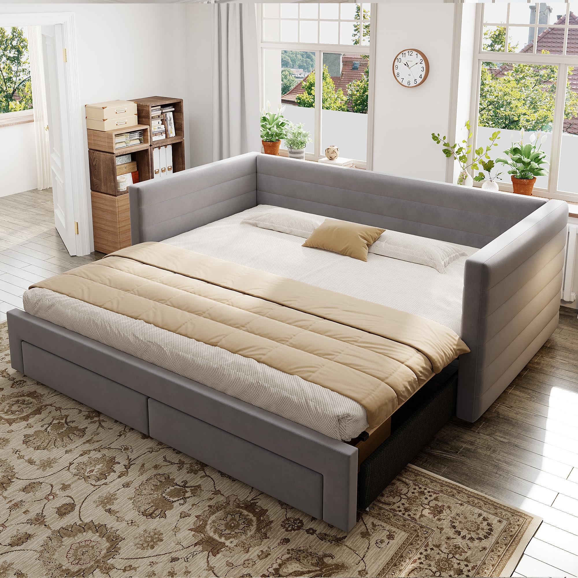 Soweiz Lettino imbottito 3 in 1 divano letto estraibile 90 x 190 cm, letto con cassetti, trasformabile in singolo/matrimoniale con rete a doghe, cotone e lino (senza materasso) (grigio)