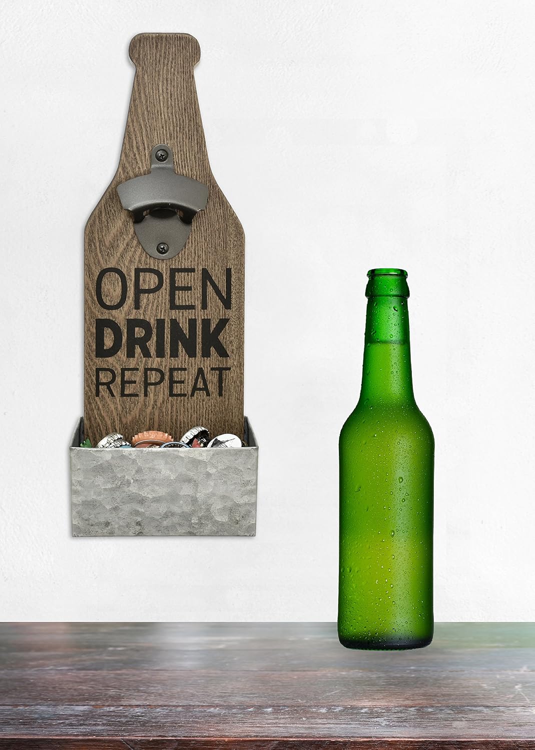 MCS Bar None Open Drink Repeat Beer Bottle Opener & Catcher Wall Art, 4.5"x13.5", Brown