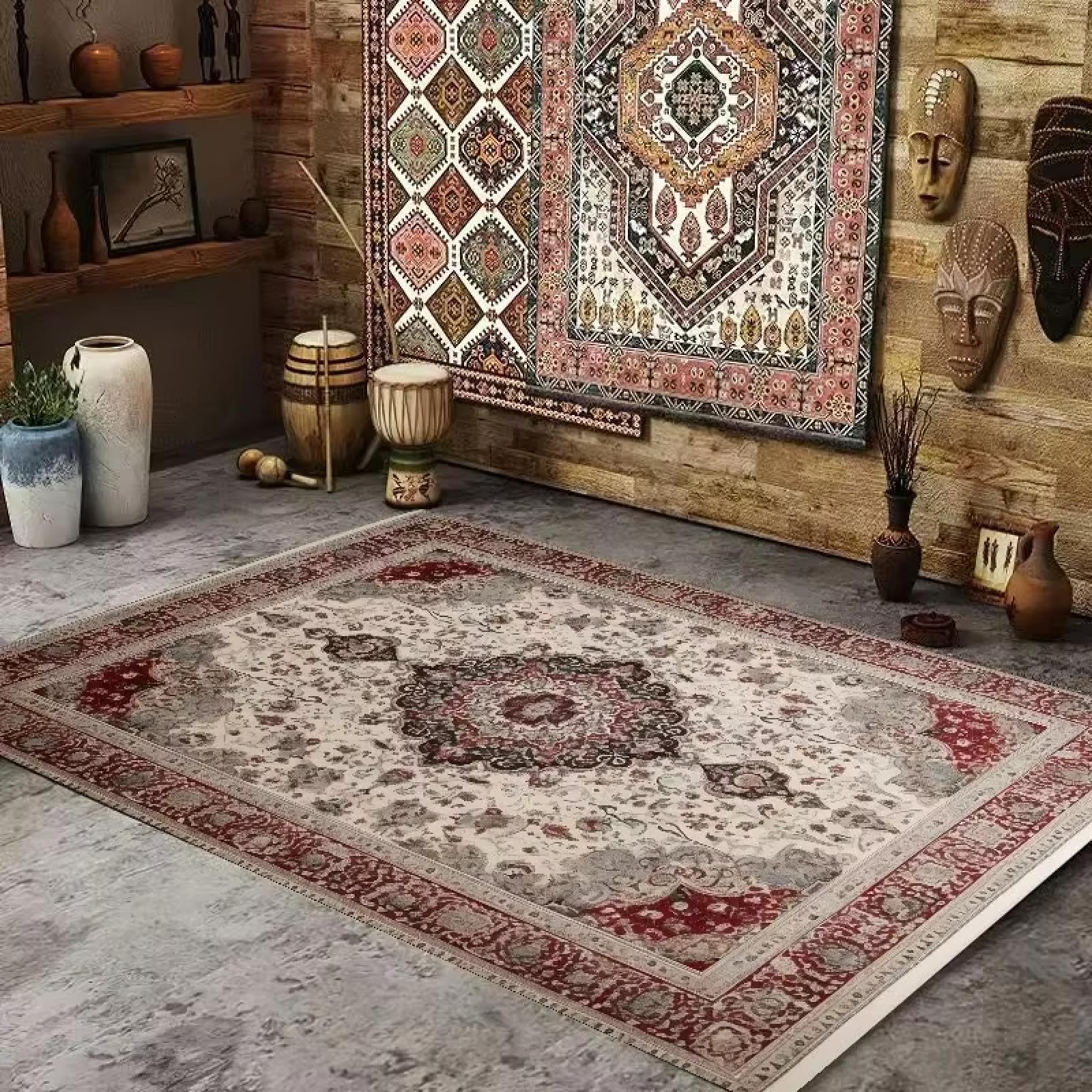Tapis de chambre ethnique rétro lavable avec envers antidérapant
