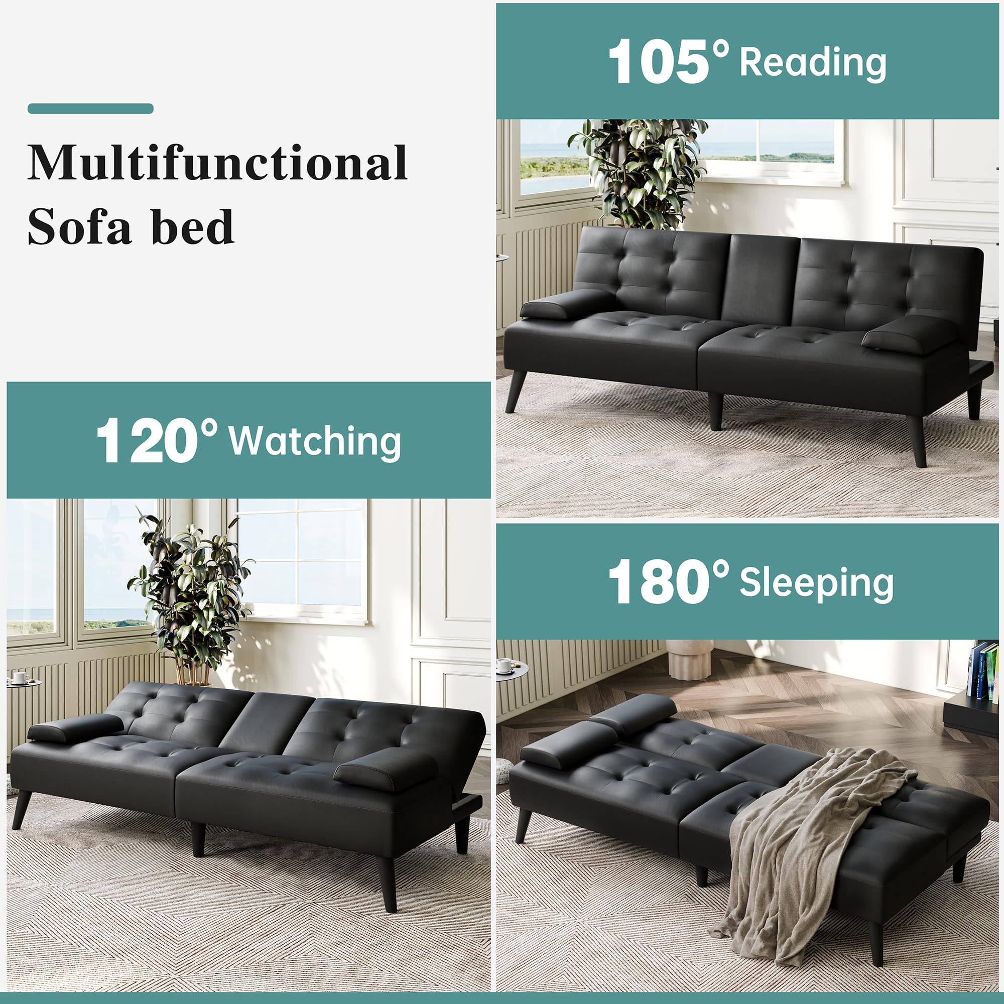 64" Futon Sofa Bed, Small Loveseat with 2 Cup Holders, Small Couch with 3 Adjustable Angles & Removable Armrest, Small Sofa for Small Space (PU Leather, Black)
