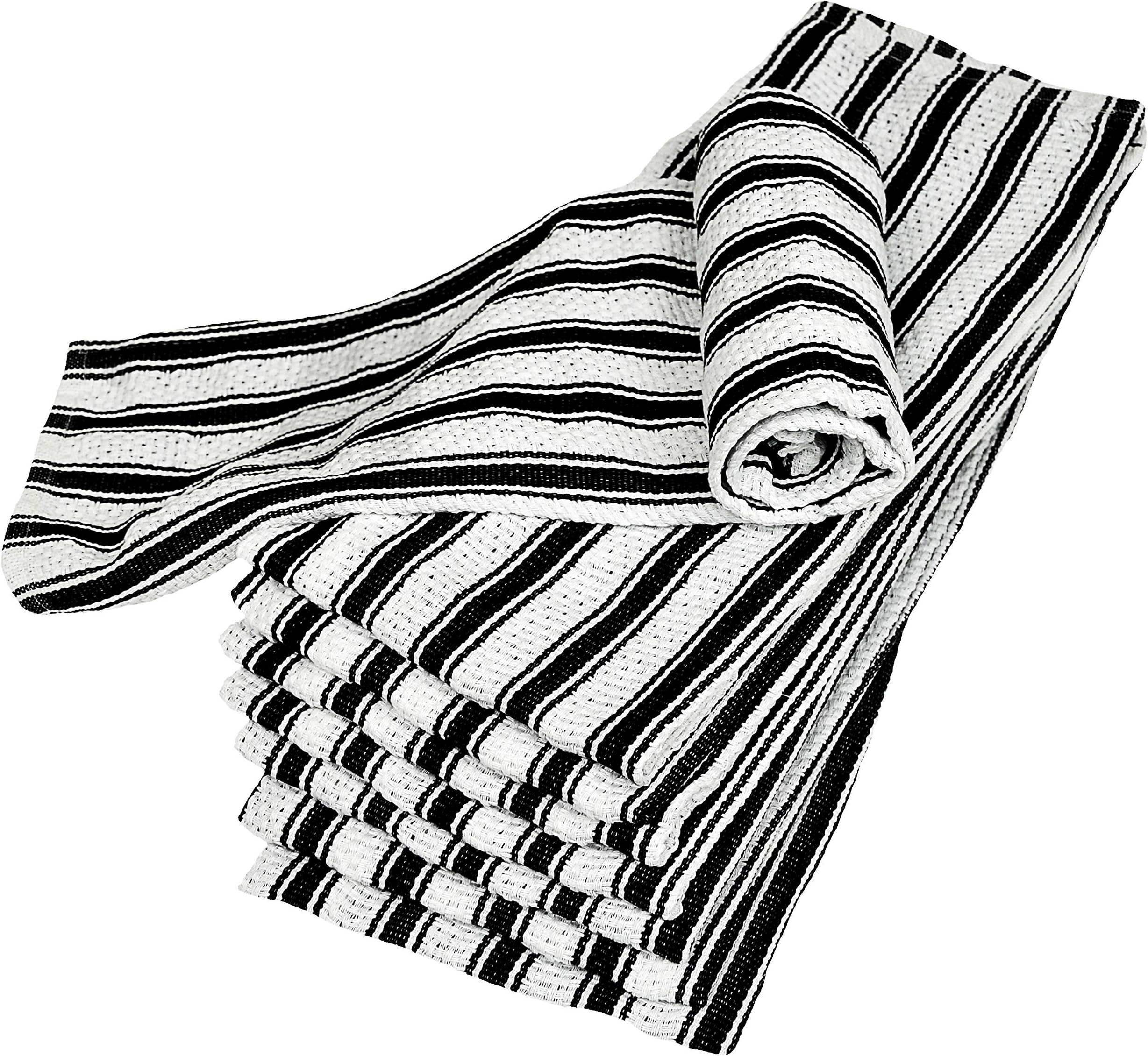 Nouvelle Legende 100% Cotton Basketweave Kitchen Towels with Classic Striped Design, Ultra Absorbent Tea Towels for Drying Dishes, Glassware & Spills, Soft, Durable, Lint-Free, 19x29 in 8-Pack, Black