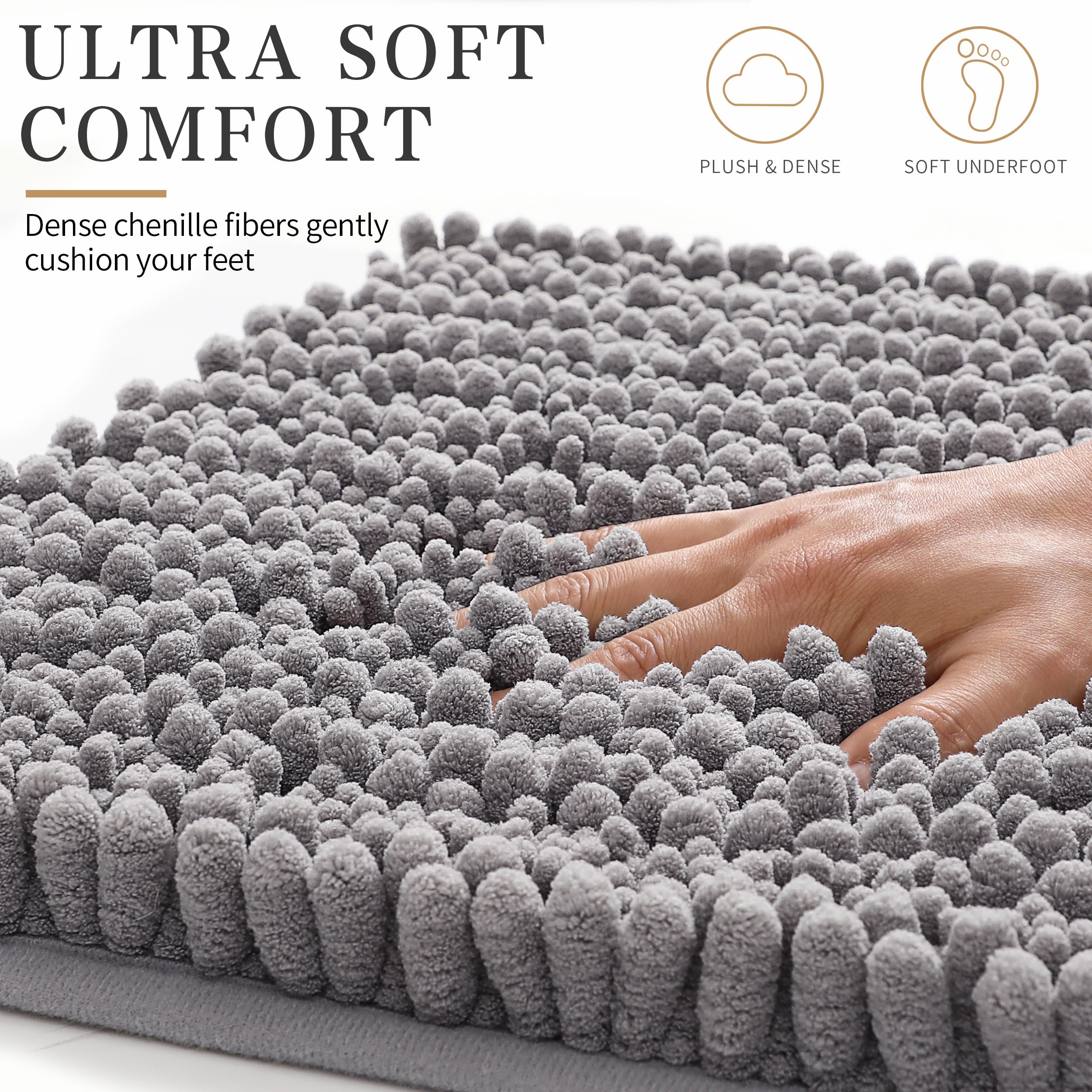 Yimobra Chenille Badteppich für Badezimmer, rutschfest Badematte für Boden, Verdickt Badezimmerteppich, Weich Flauschige Mikrofaser Badvorleger, Supersaugfähig, Maschinenwaschbar, 50 x 80cm, Grau