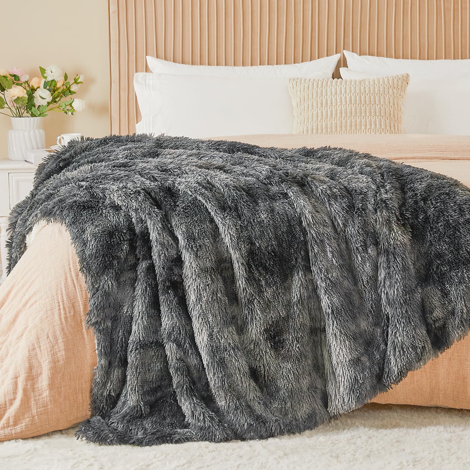EMME Faux Fur Blanket, 220 x 240cm, Fluffy Bed Throw Fleece Blanket, Super Soft, Thick and Elegant, Warm Cozy Reversible Throws for Sofa, Bed, Tie Dye Dark Grey