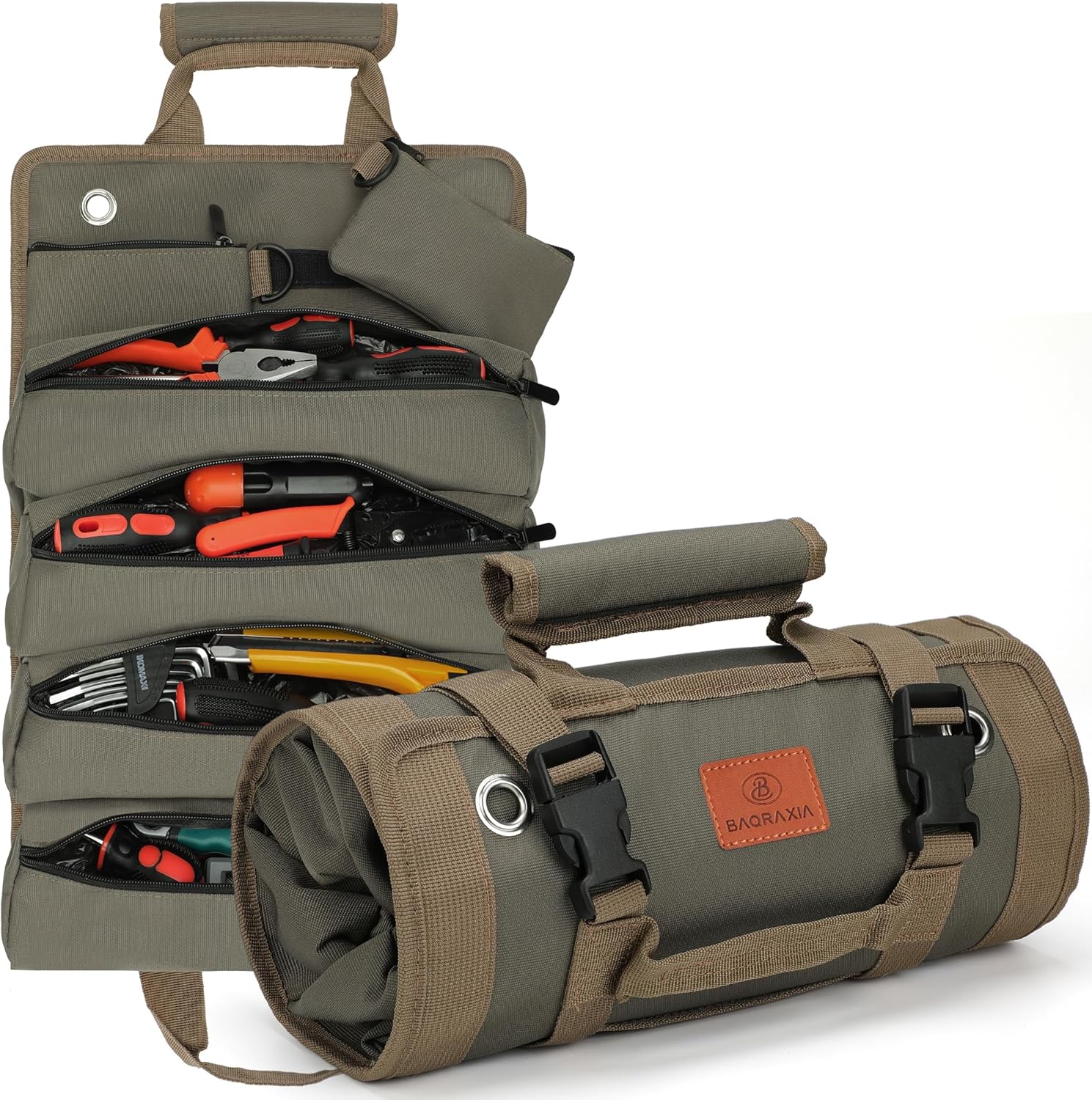 BAQRAXIA Tool Bag Gifts for Husband Him, Roll Up Small Tools Box Storage, Tool Gifts for Men Dad Boyfriend Grandpa, Presents for Birthday, Heavy Duty Tool Organizer with 2 Pouch